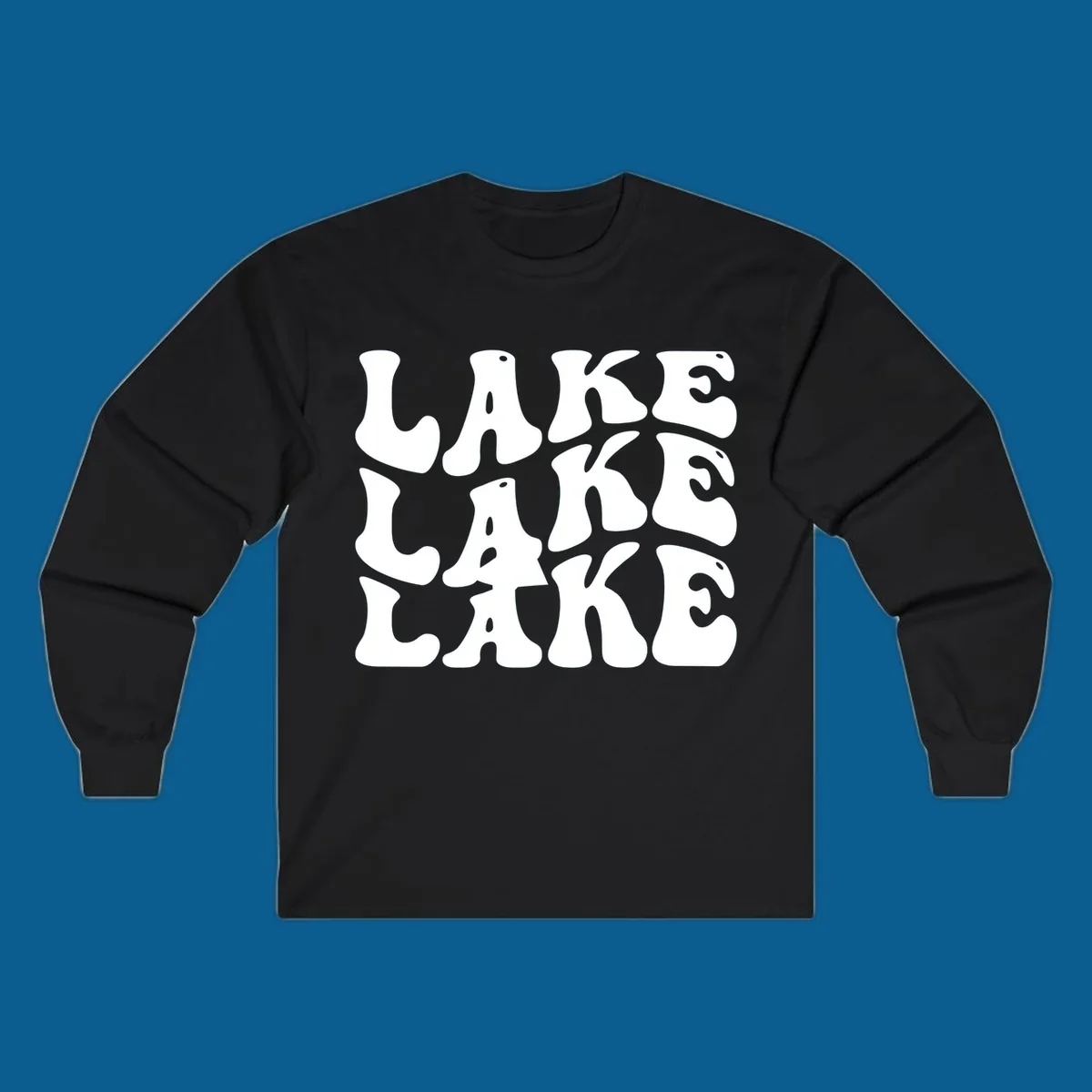 Retro wavy text design spelling LAKE in repeating rows.
