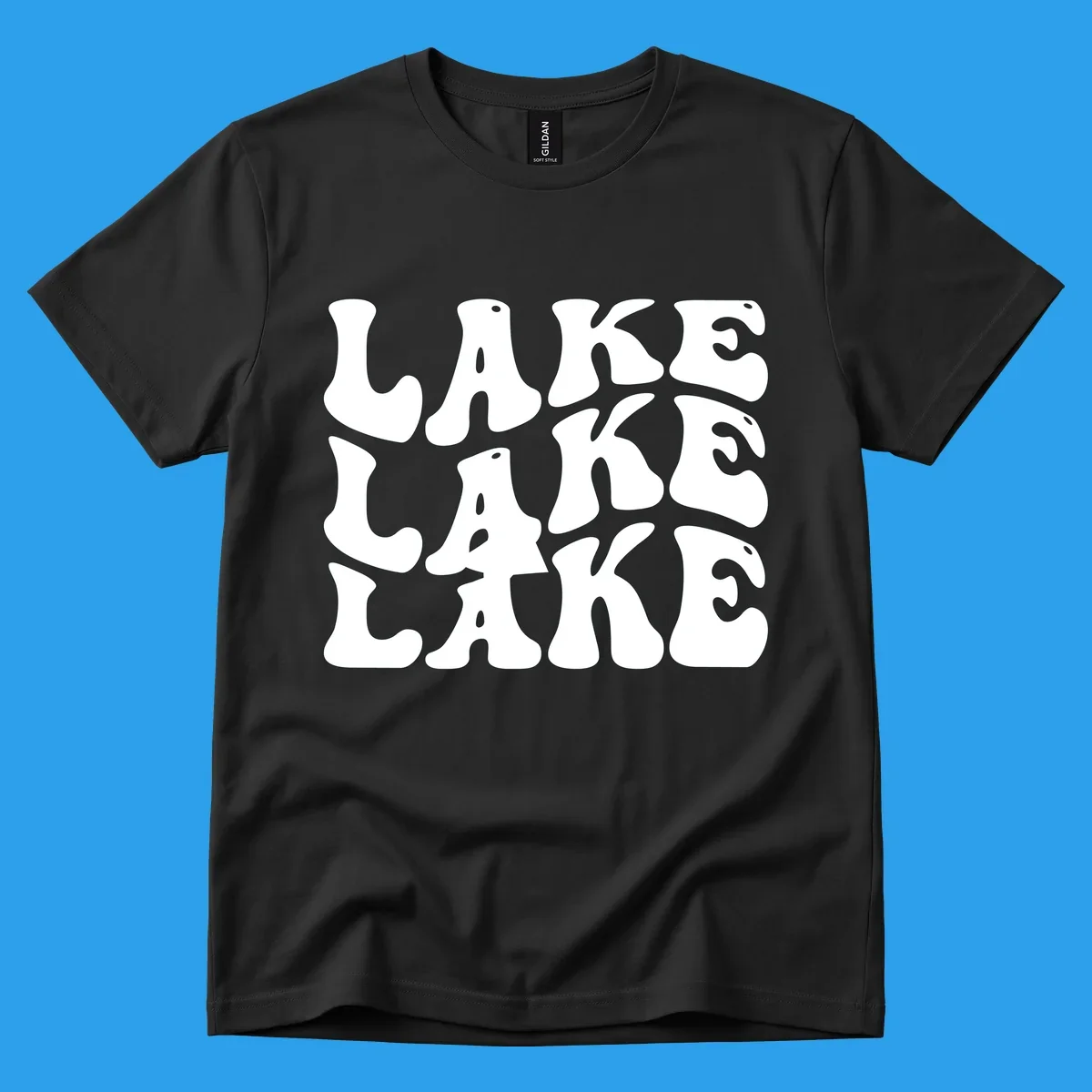 Retro wavy text design spelling LAKE in repeating rows.