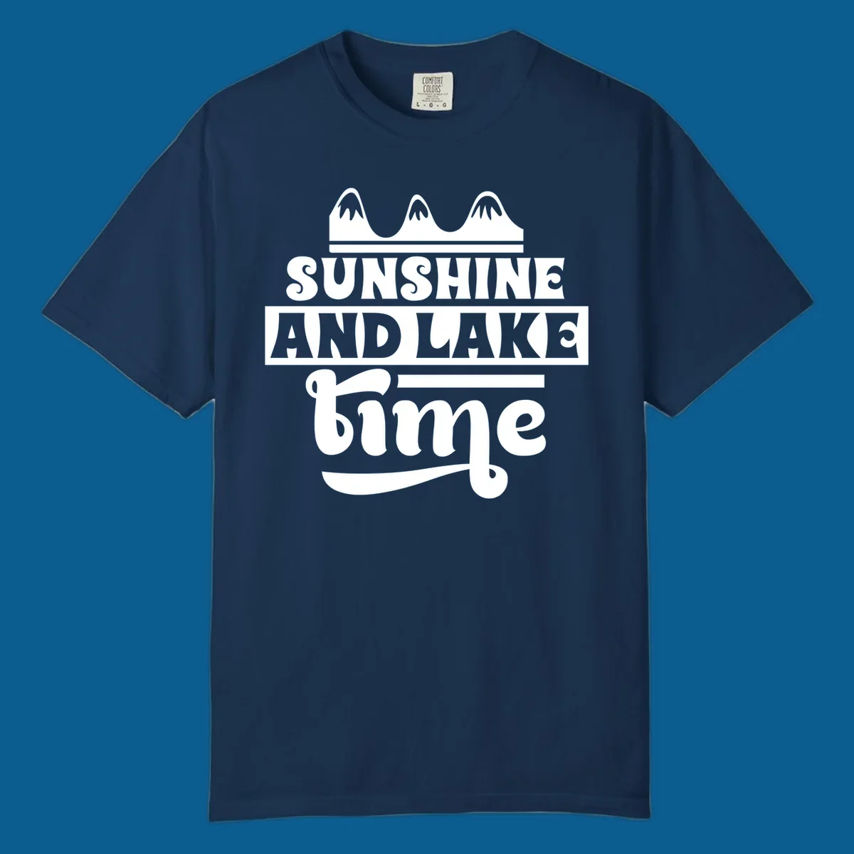 Sunshine and lake time graphic with mountains, white and navy.