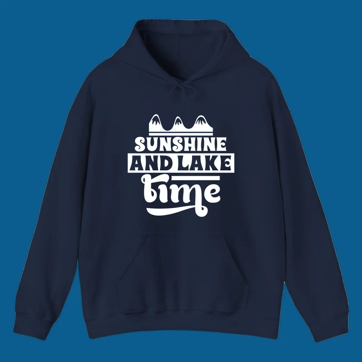 Sunshine and lake time graphic with mountains, white and navy.