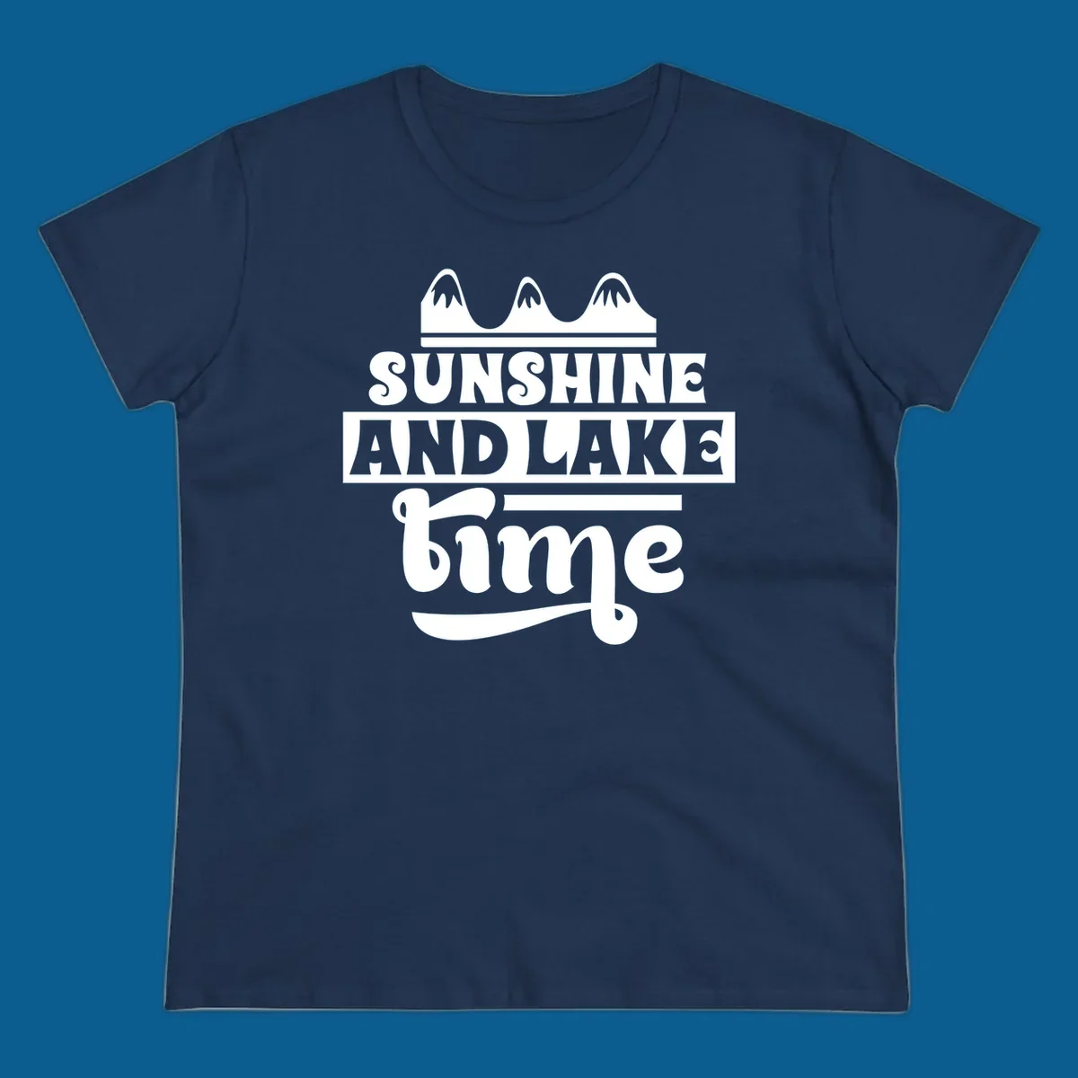 Sunshine and lake time graphic with mountains, white and navy.