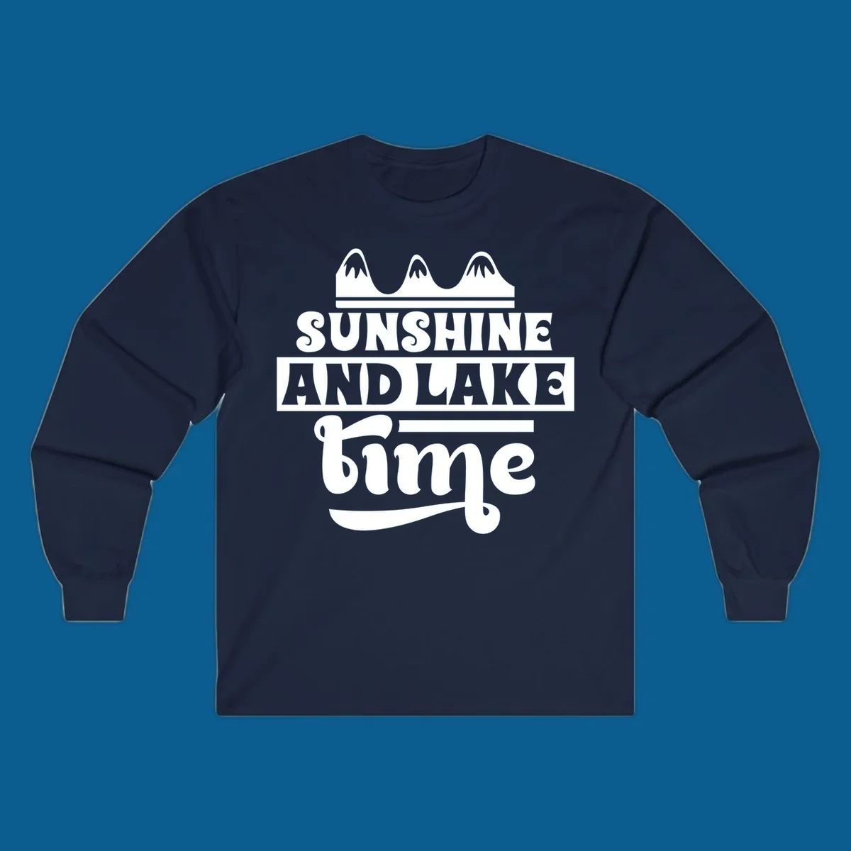 Sunshine and lake time graphic with mountains, white and navy.