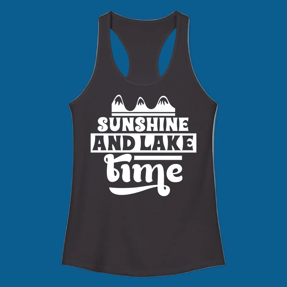 Sunshine and lake time graphic with mountains, white and navy.