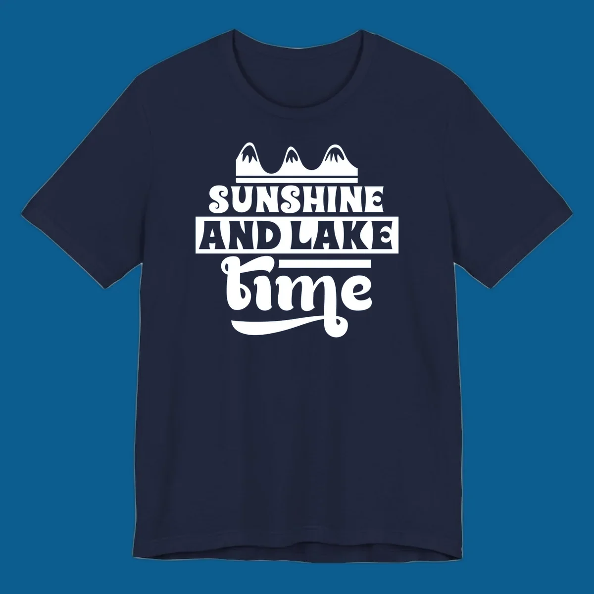 Sunshine and lake time graphic with mountains, white and navy.
