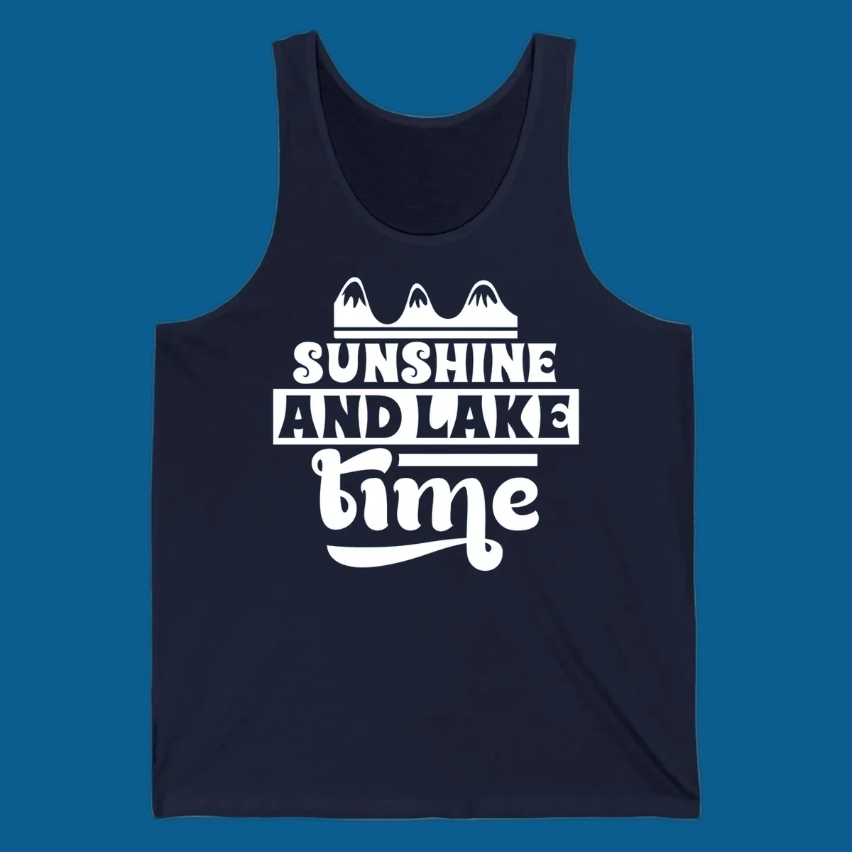Sunshine and lake time graphic with mountains, white and navy.