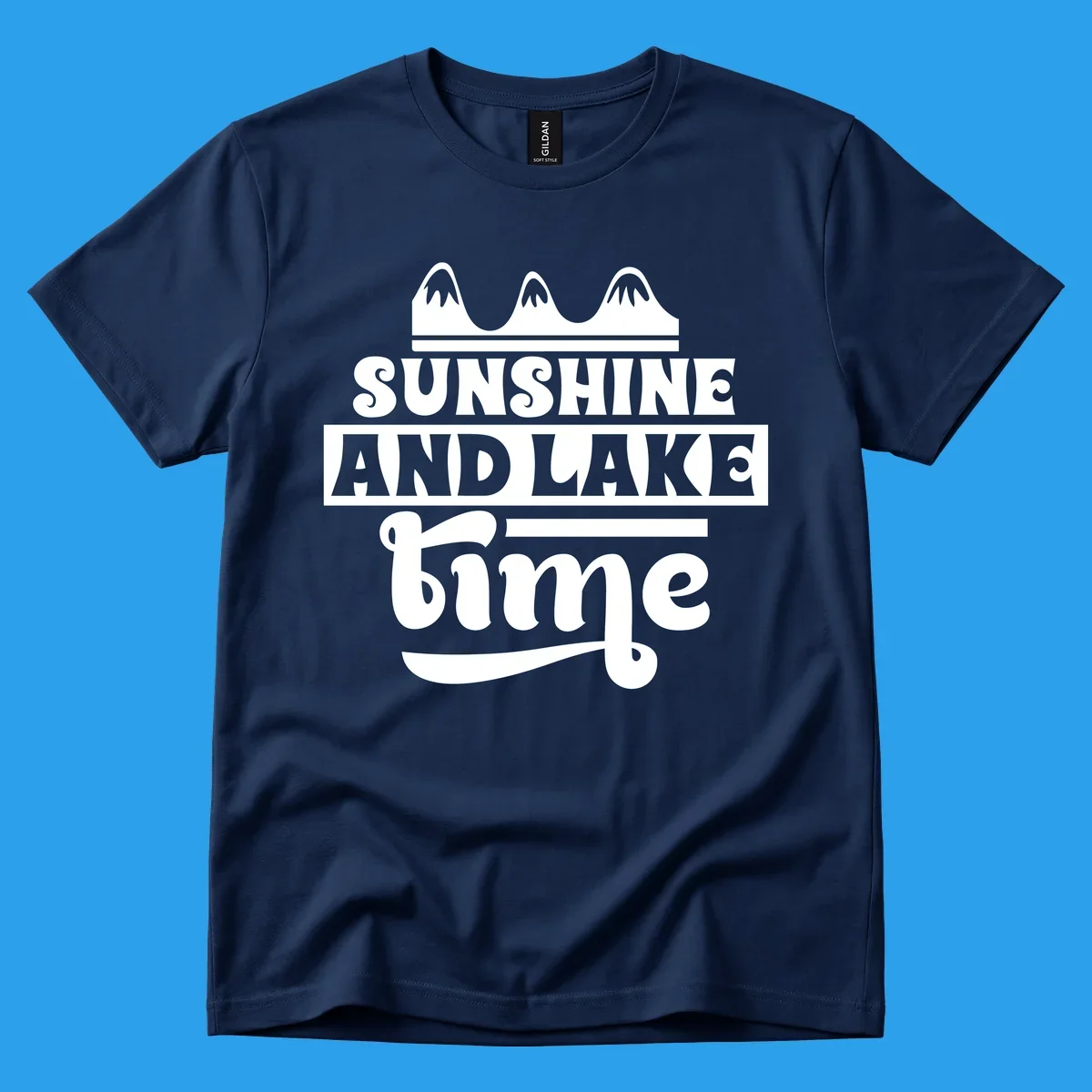Sunshine and lake time graphic with mountains, white and navy.