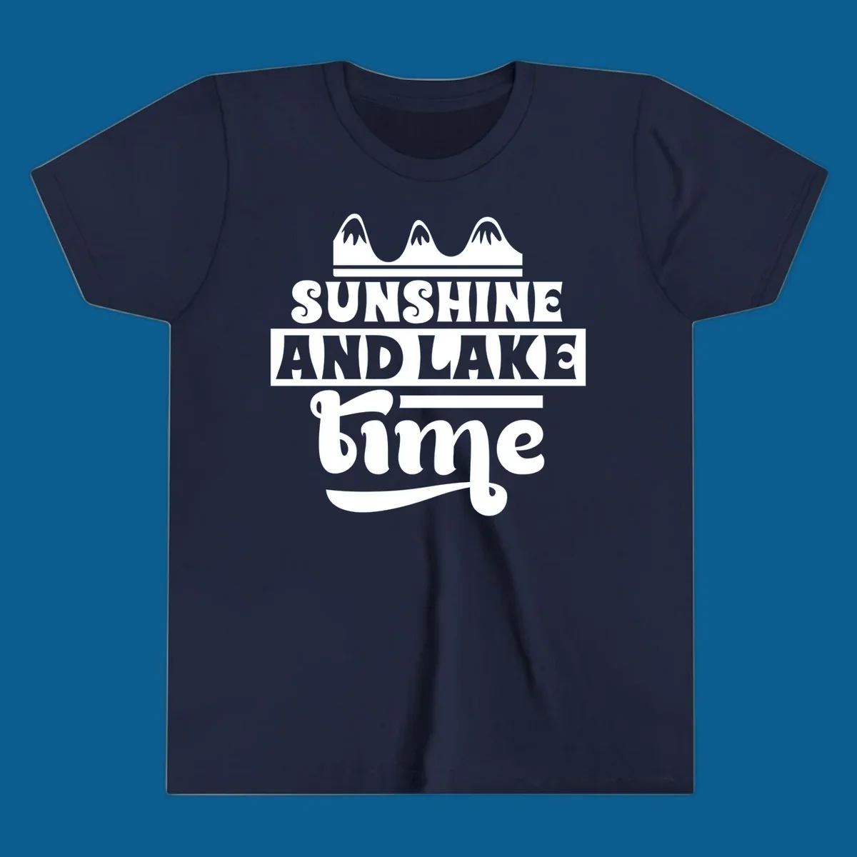 Sunshine and lake time graphic with mountains, white and navy.