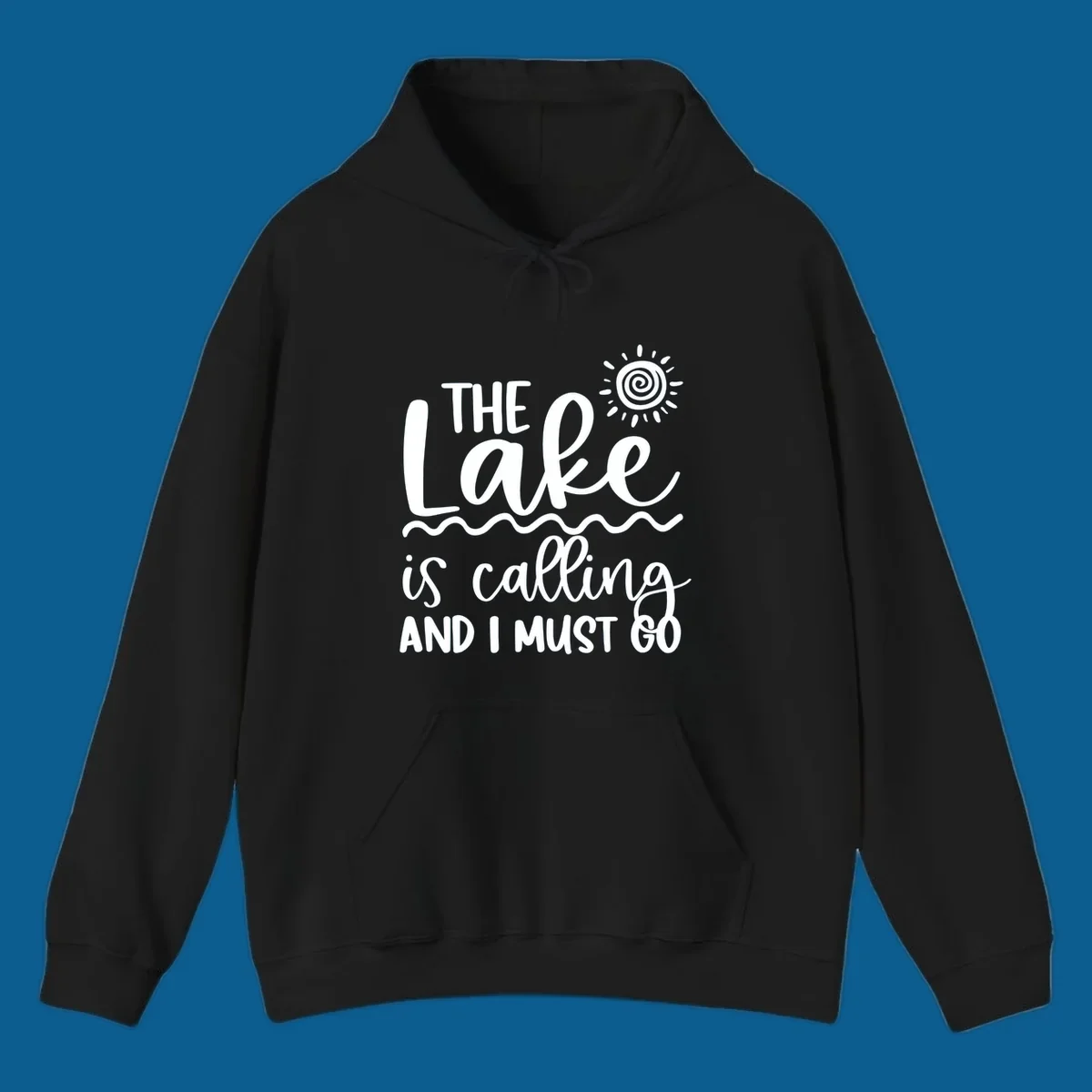 The lake is calling and I must go typography with sun and waves graphic