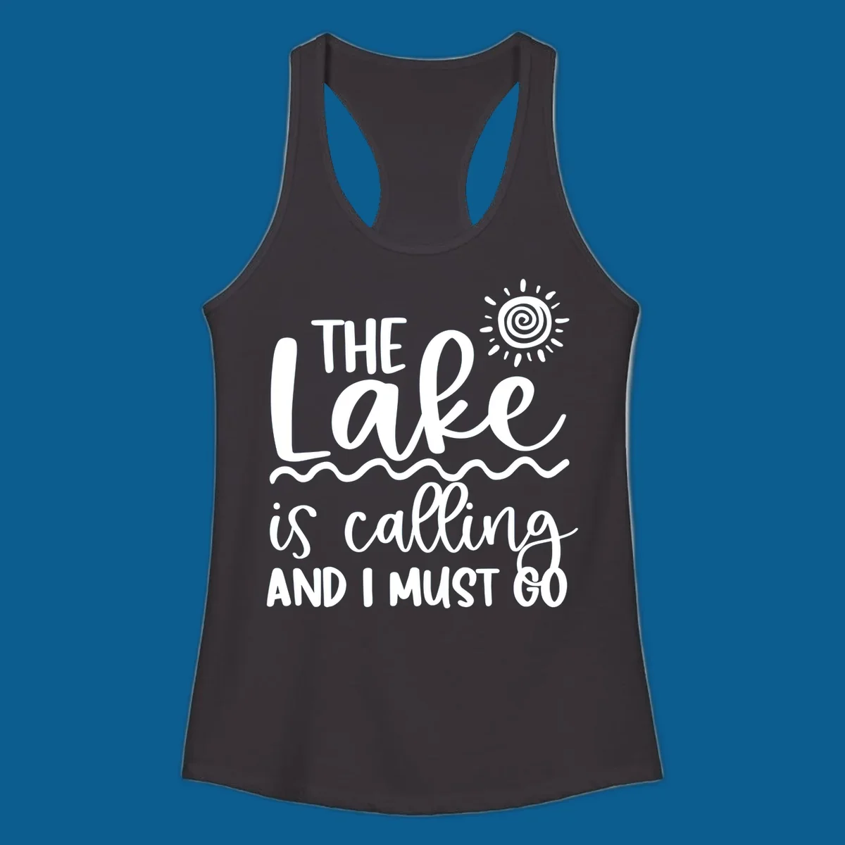 The lake is calling and I must go typography with sun and waves graphic