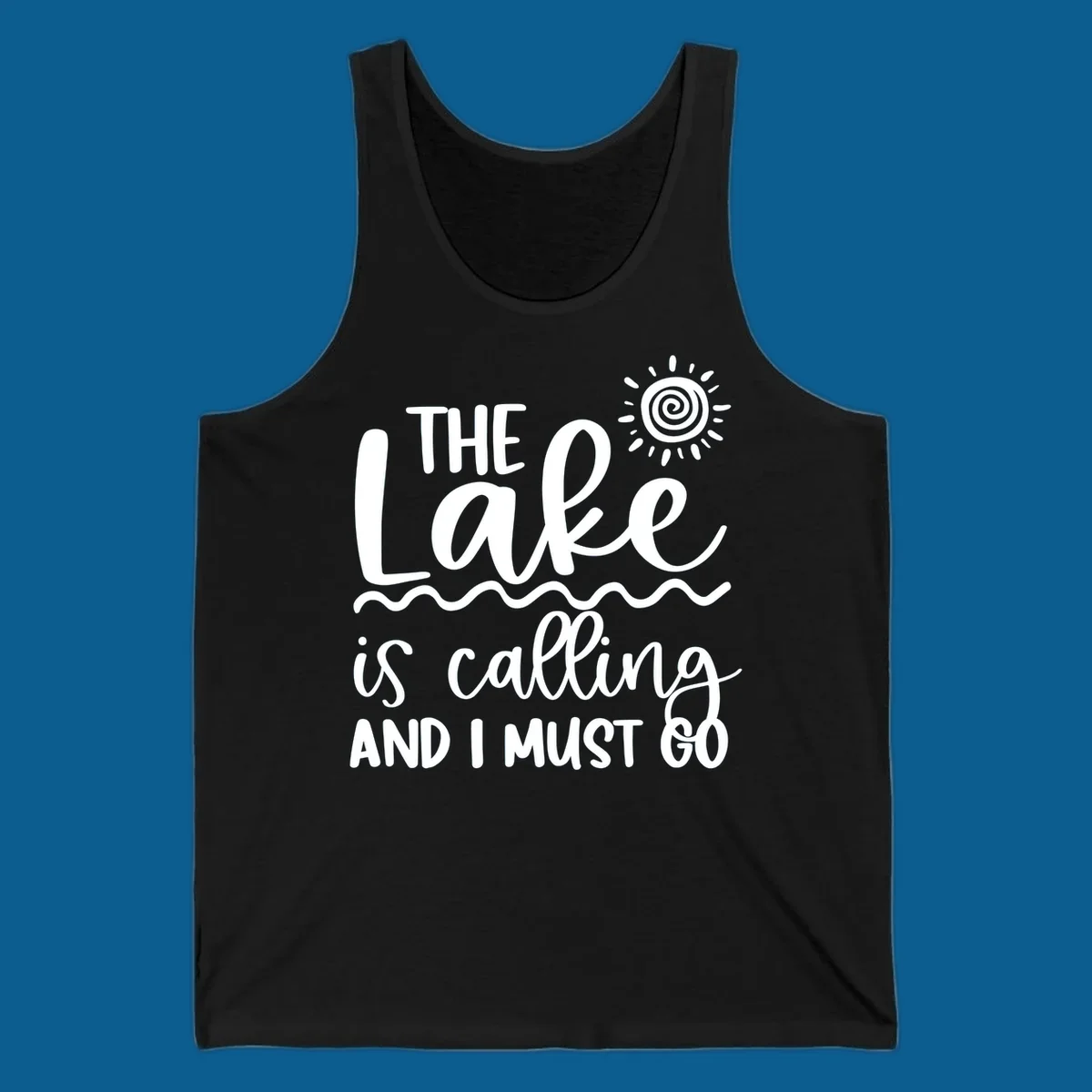 The lake is calling and I must go typography with sun and waves graphic
