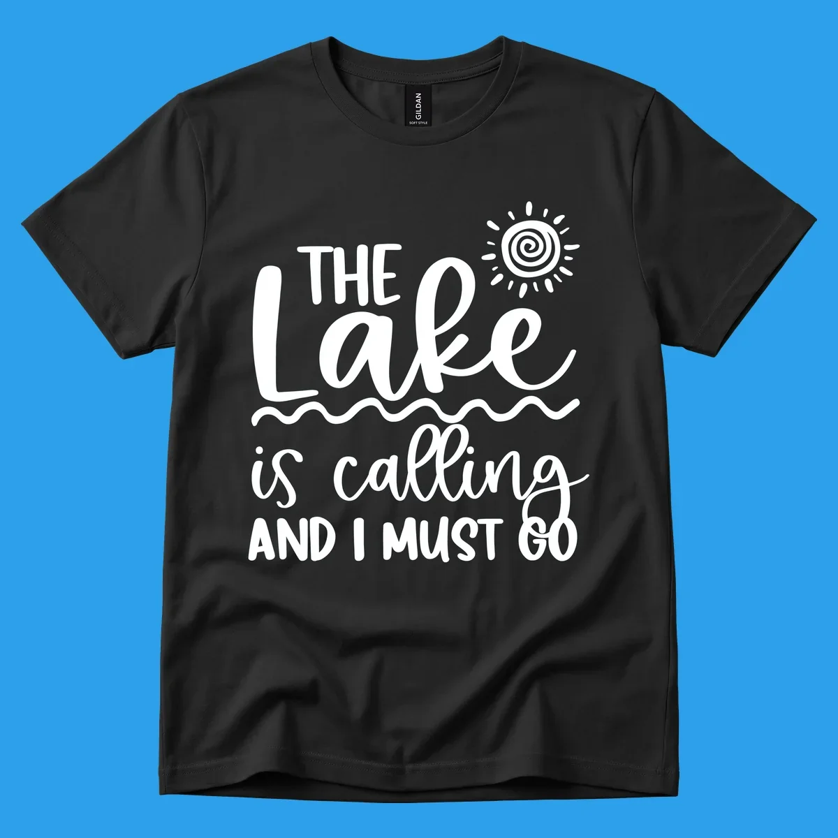The lake is calling and I must go typography with sun and waves graphic