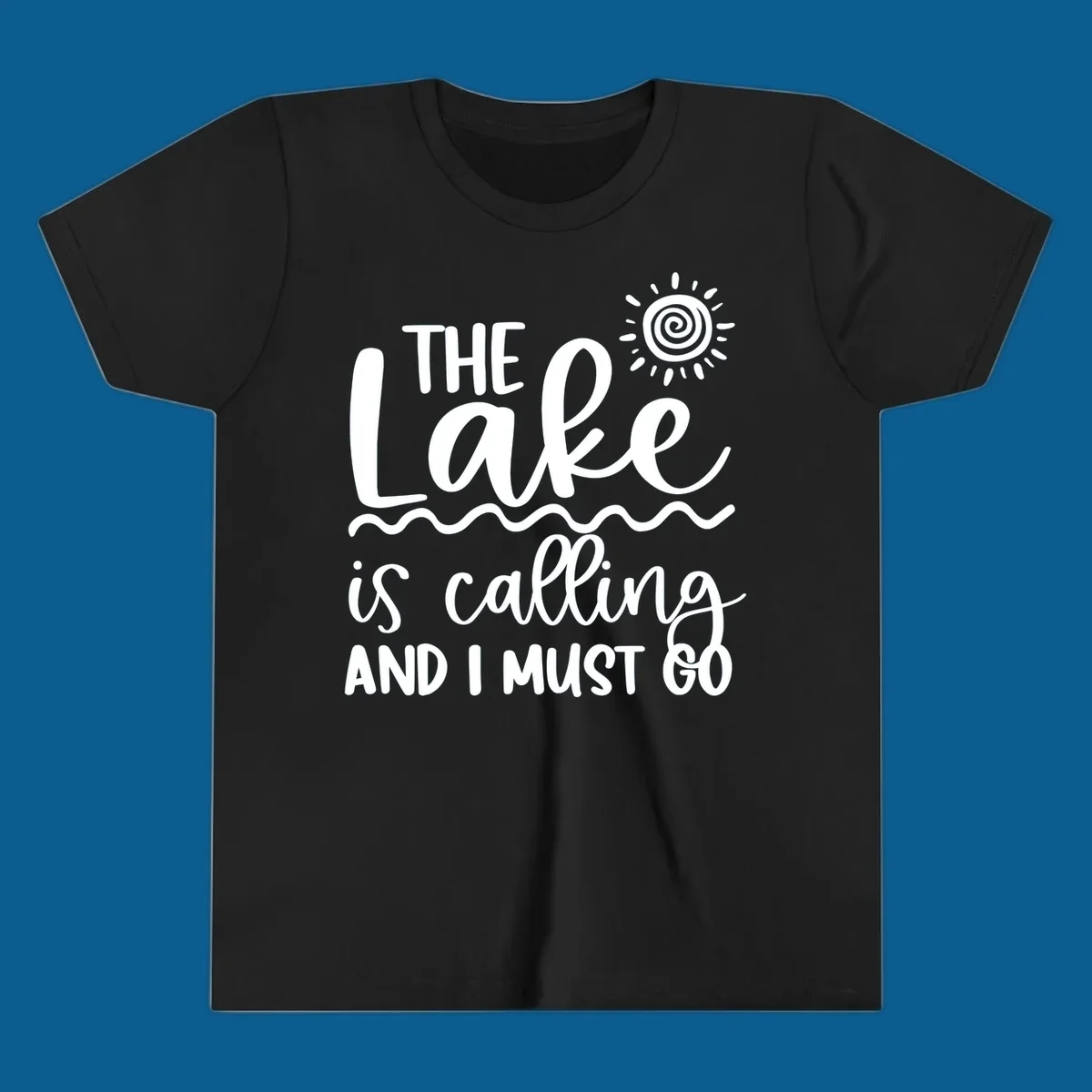 The lake is calling and I must go typography with sun and waves graphic