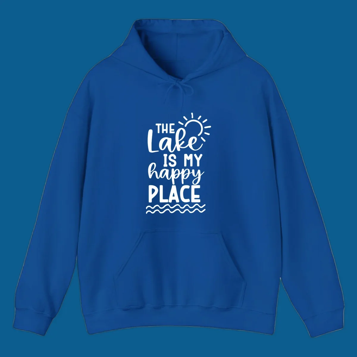 The Lake Is My Happy Place text design with sun and waves graphic.