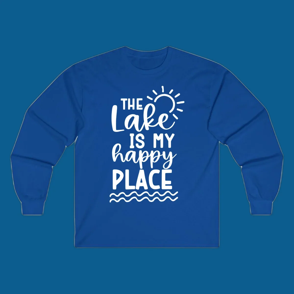 The Lake Is My Happy Place text design with sun and waves graphic.