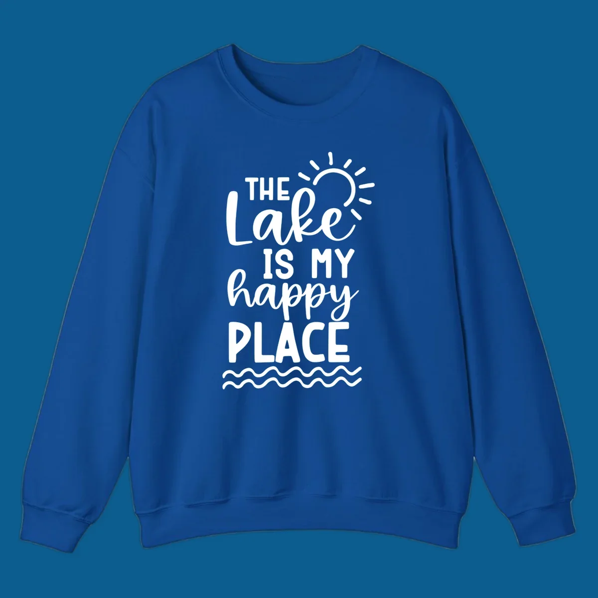 The Lake Is My Happy Place text design with sun and waves graphic.