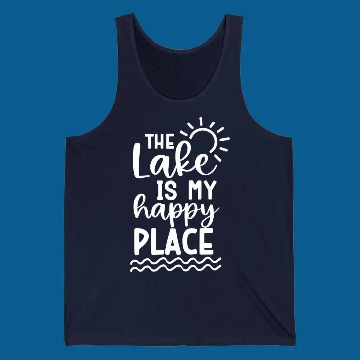 The Lake Is My Happy Place text design with sun and waves graphic.