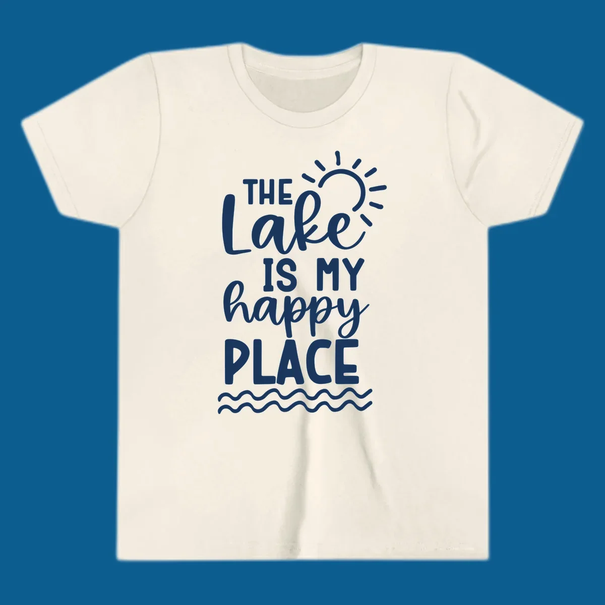 The Lake Is My Happy Place text design with sun and waves graphic.