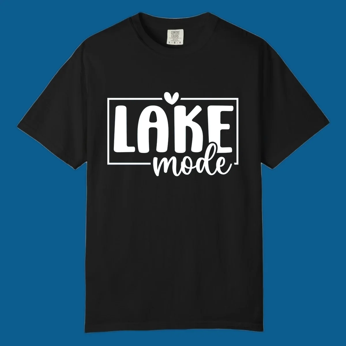 Lake life mode text with heart and outline, white on black, navy on white.