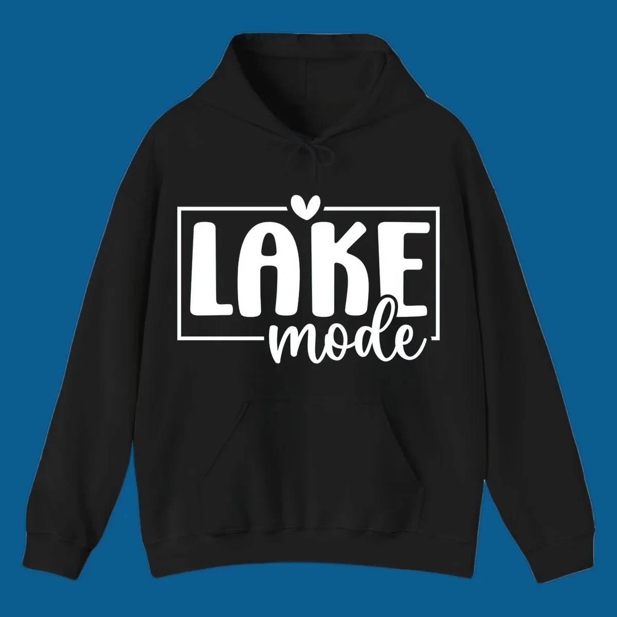 Lake life mode text with heart and outline, white on black, navy on white.