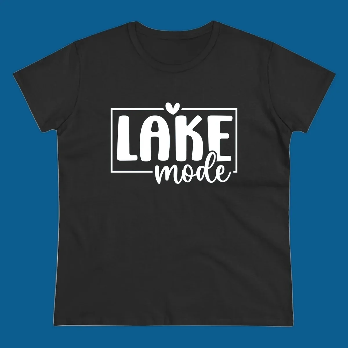 Lake life mode text with heart and outline, white on black, navy on white.