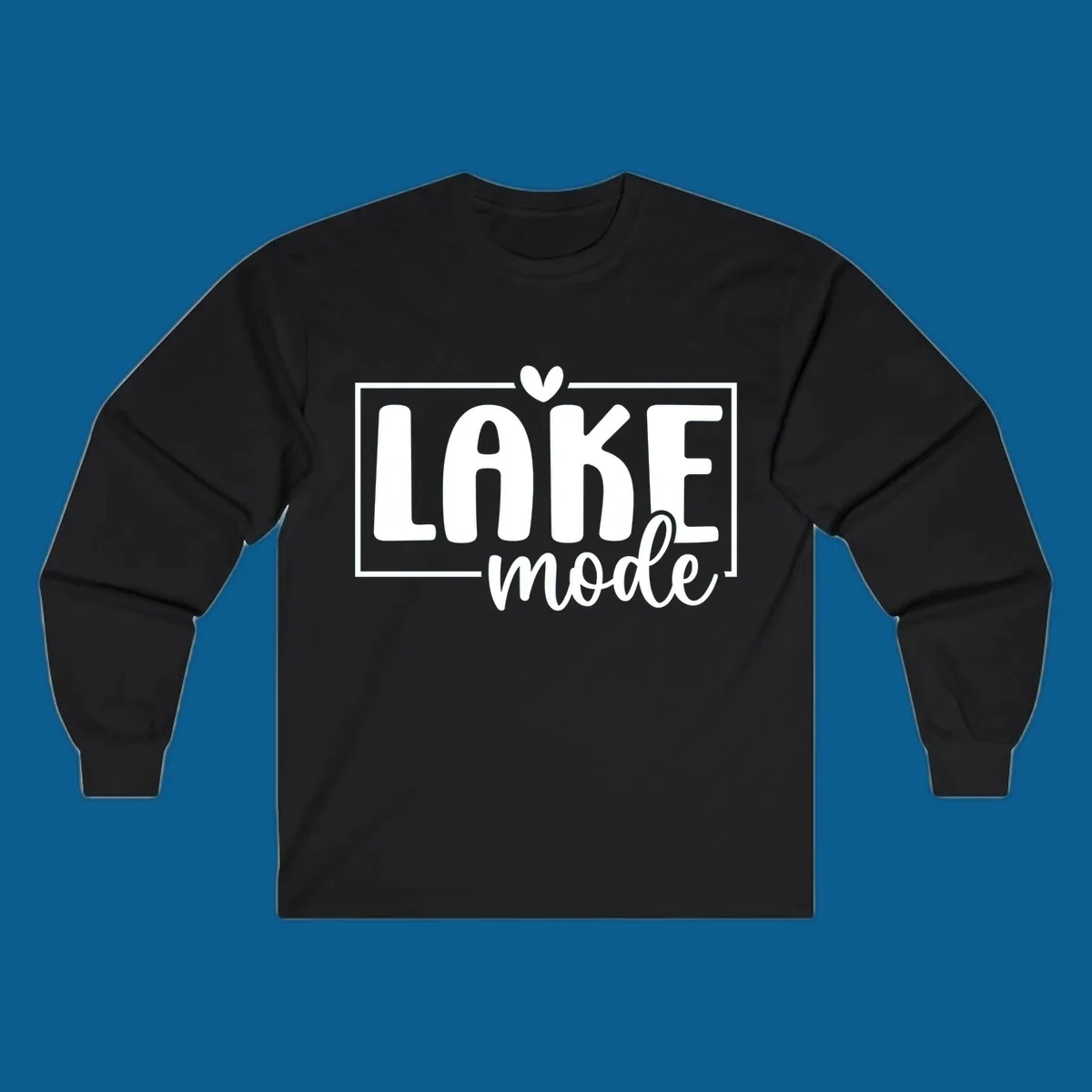 Lake life mode text with heart and outline, white on black, navy on white.
