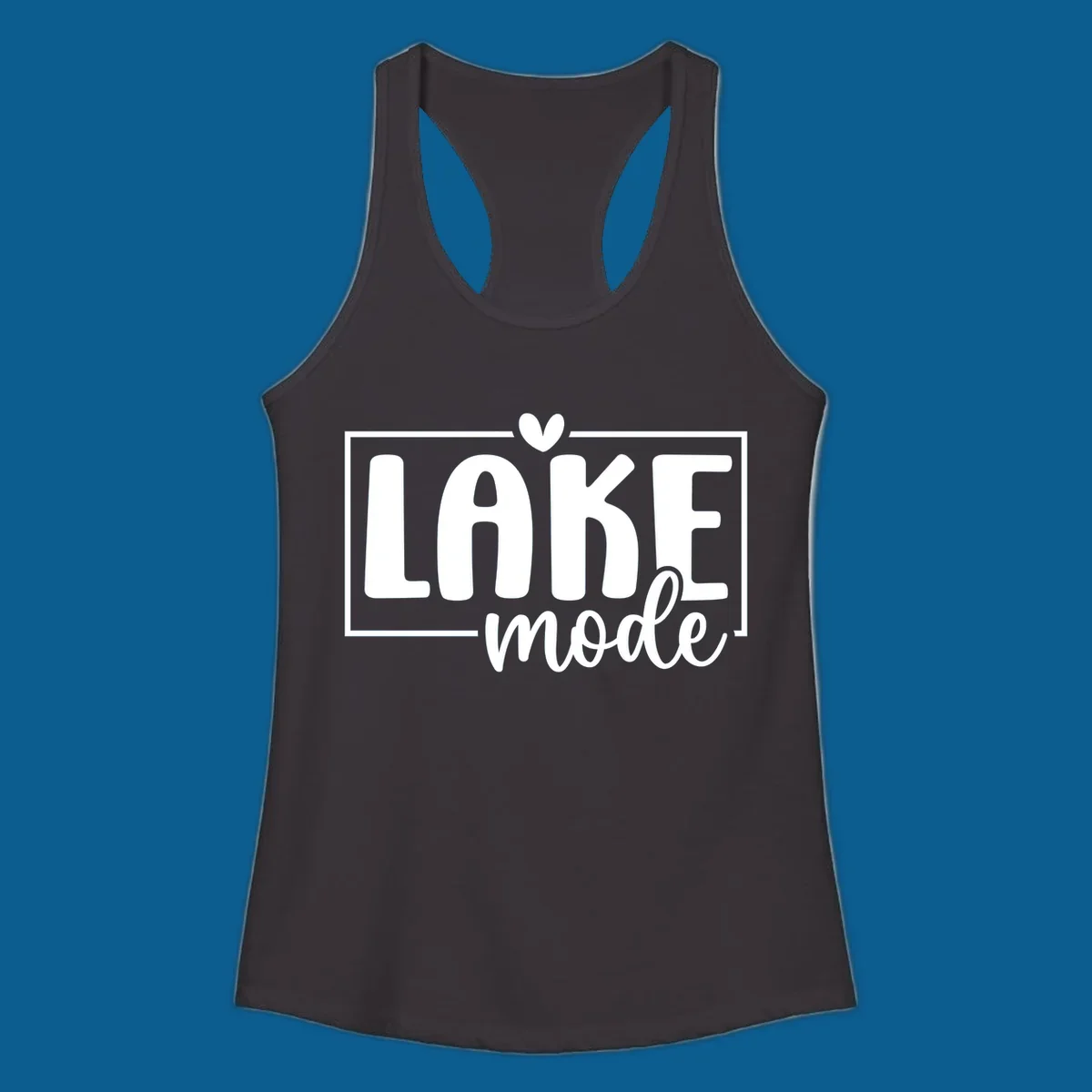 Lake life mode text with heart and outline, white on black, navy on white.