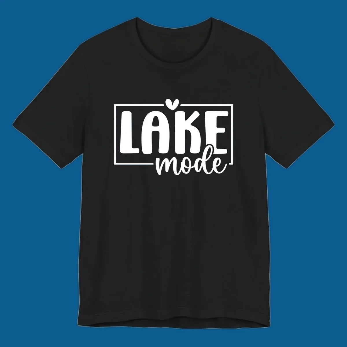 Lake life mode text with heart and outline, white on black, navy on white.