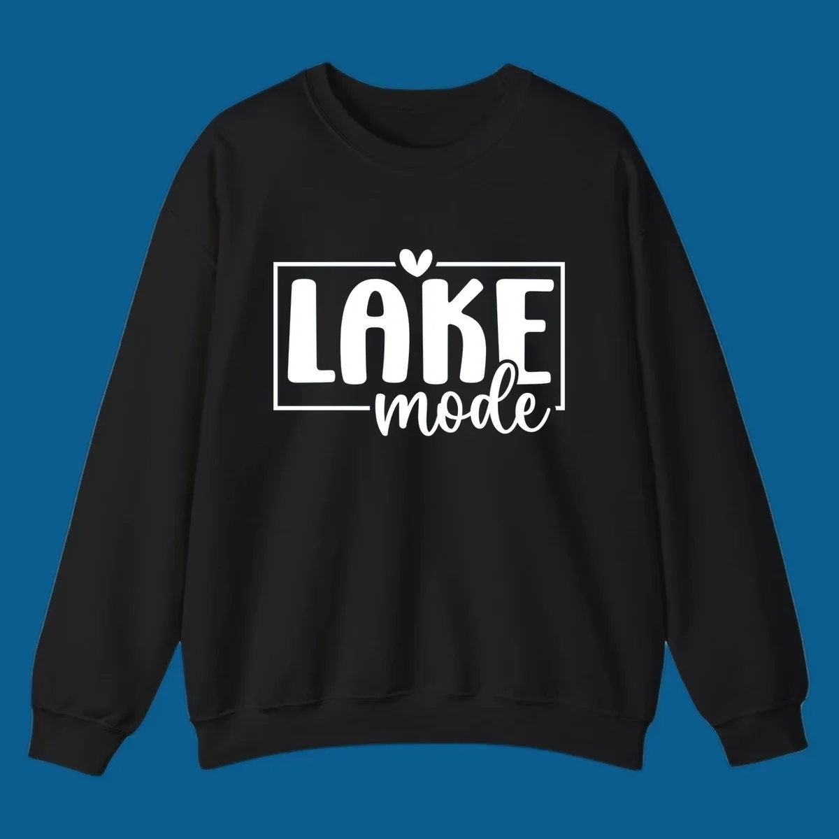 Lake life mode text with heart and outline, white on black, navy on white.