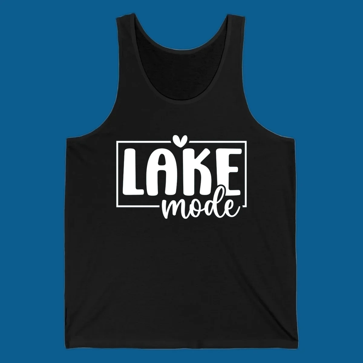 Lake life mode text with heart and outline, white on black, navy on white.