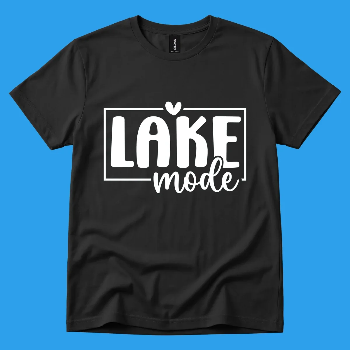 Lake life mode text with heart and outline, white on black, navy on white.
