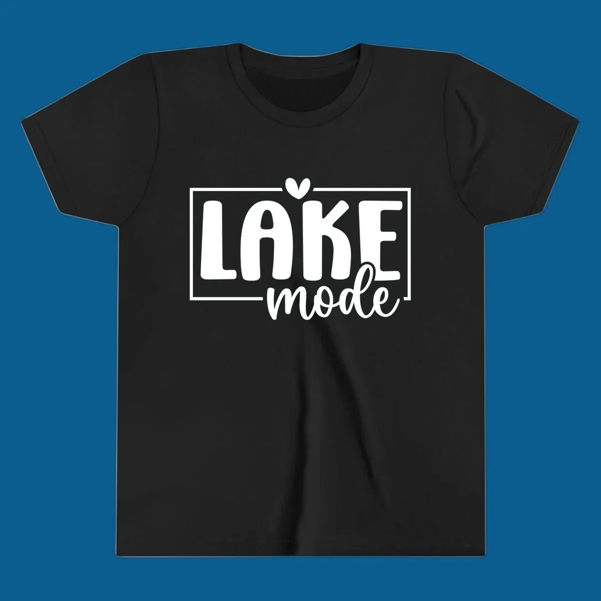 Lake life mode text with heart and outline, white on black, navy on white.
