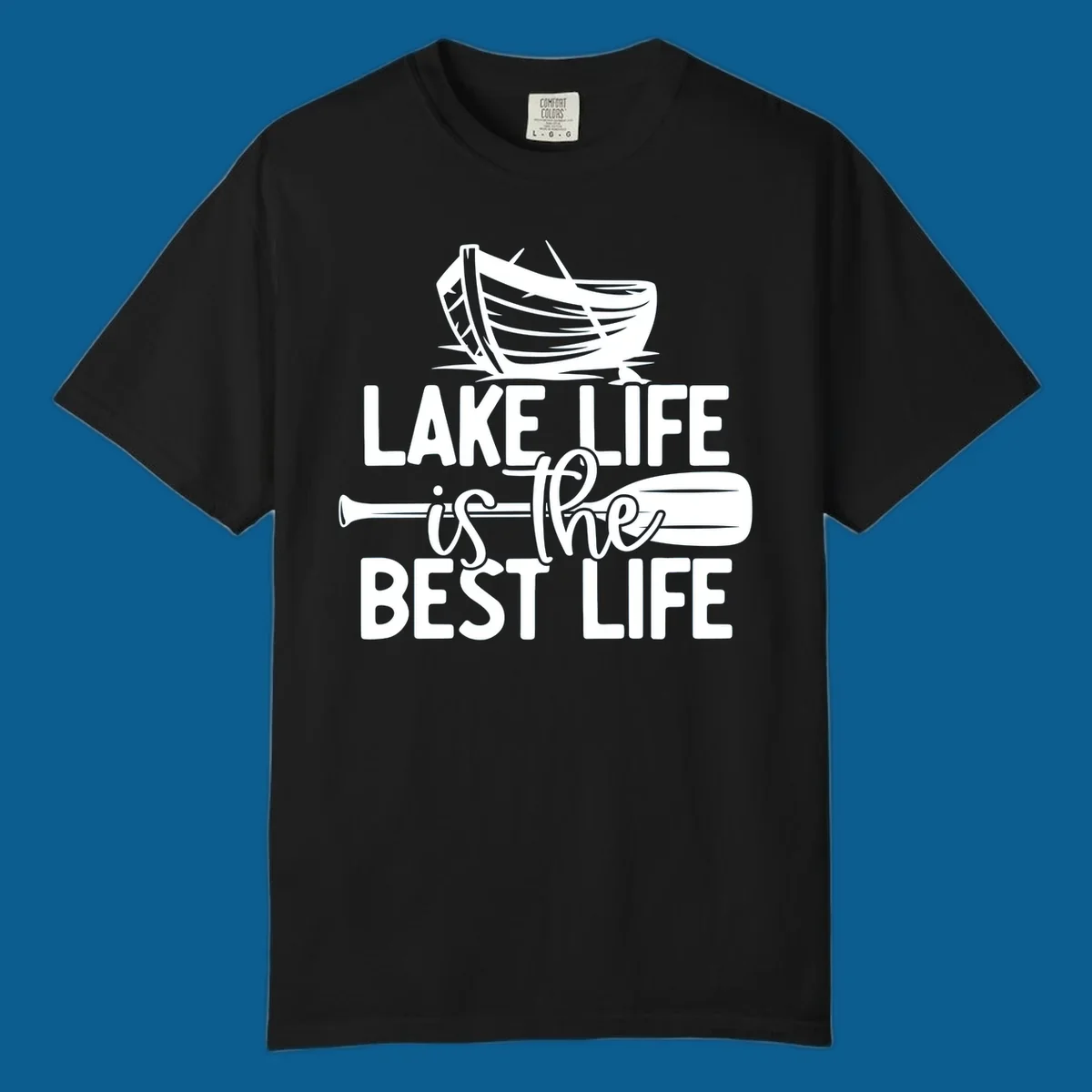 Lake life is the best life text and graphics featuring a rowboat and oar.