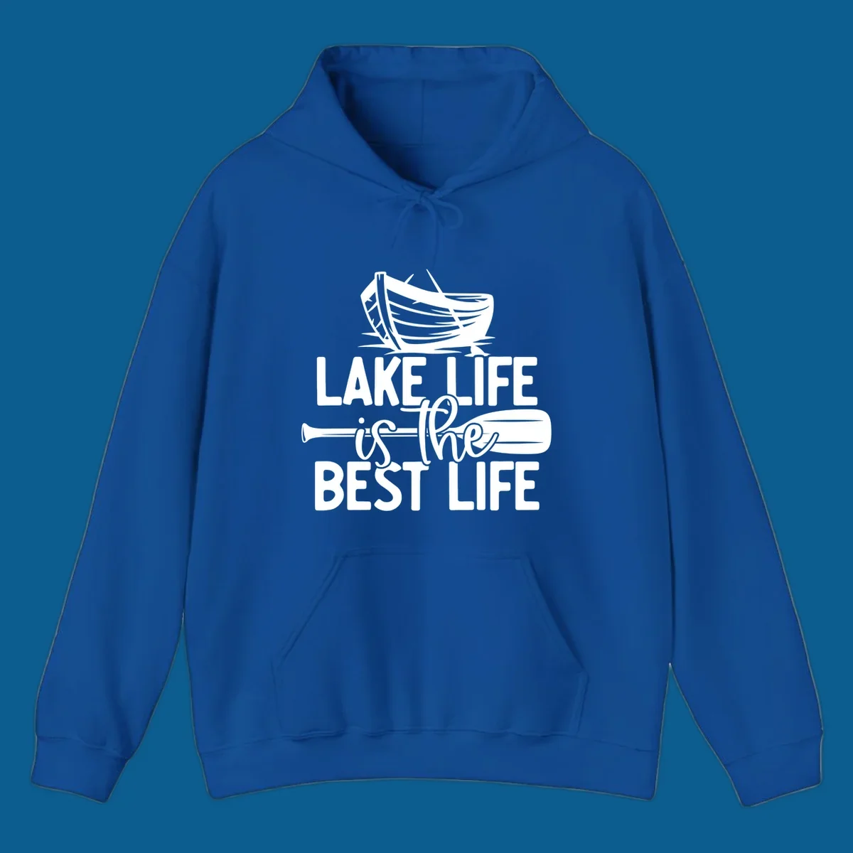 Lake life is the best life text and graphics featuring a rowboat and oar.