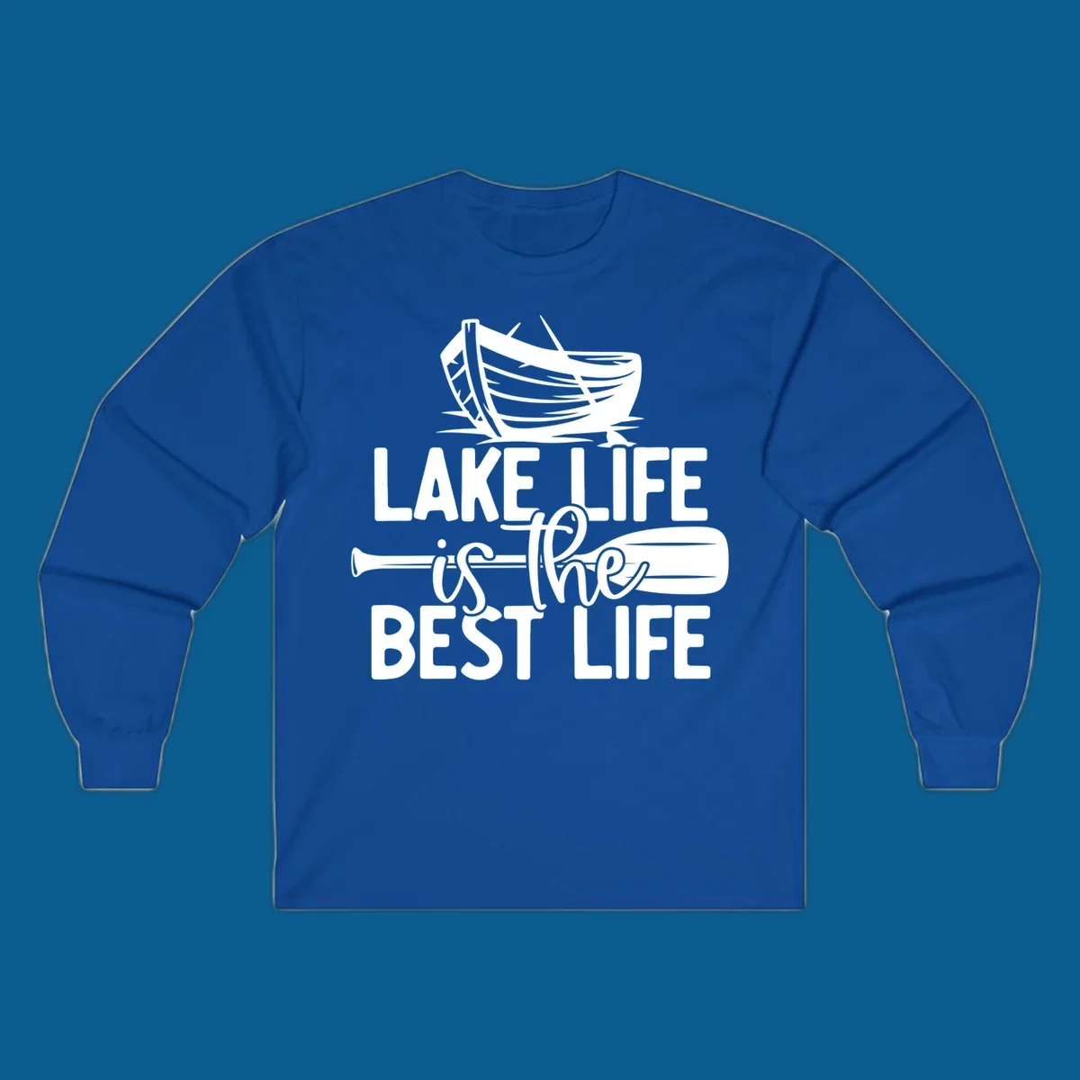 Lake life is the best life text and graphics featuring a rowboat and oar.