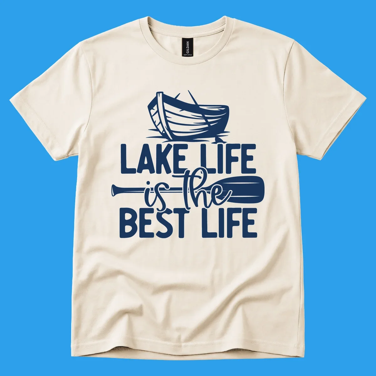 Lake life is the best life text and graphics featuring a rowboat and oar.
