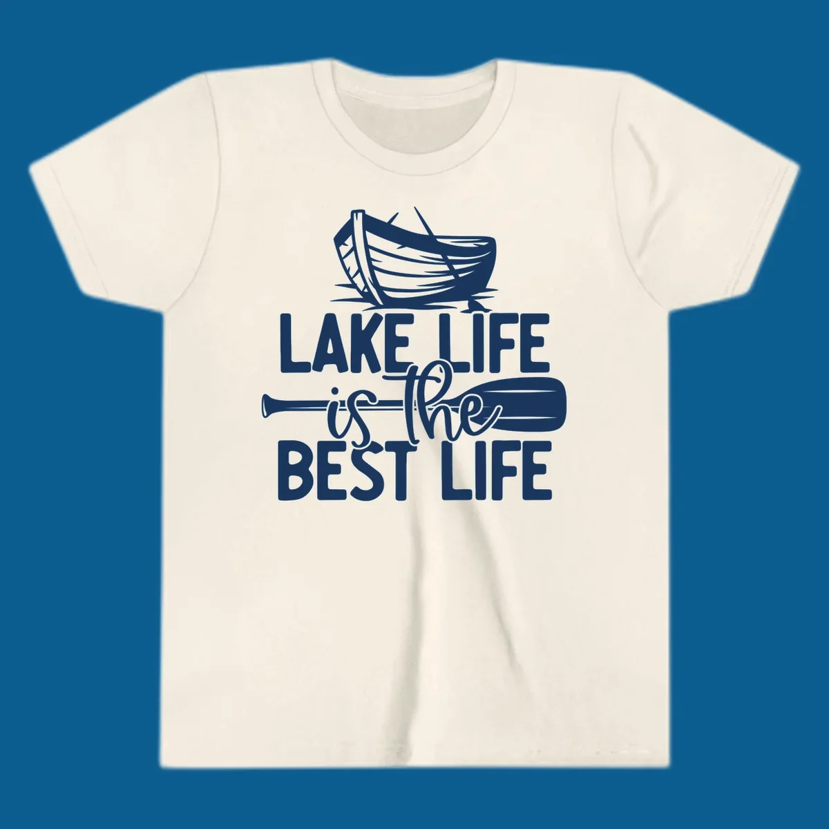 Lake life is the best life text and graphics featuring a rowboat and oar.