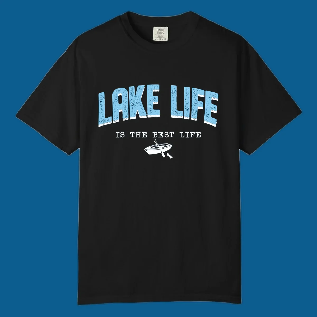 Lake life is the best life text with rowboat illustration