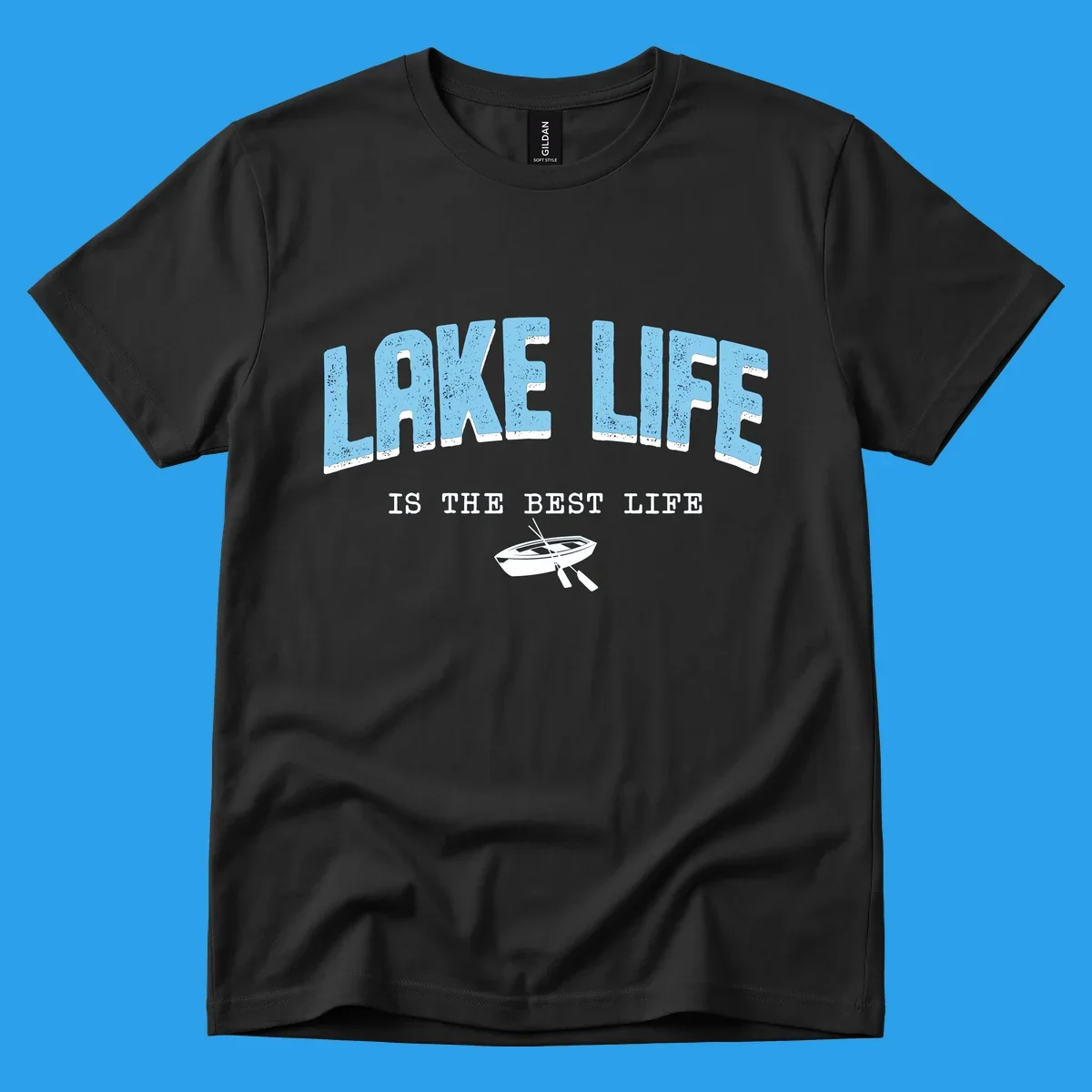 Lake life is the best life text with rowboat illustration