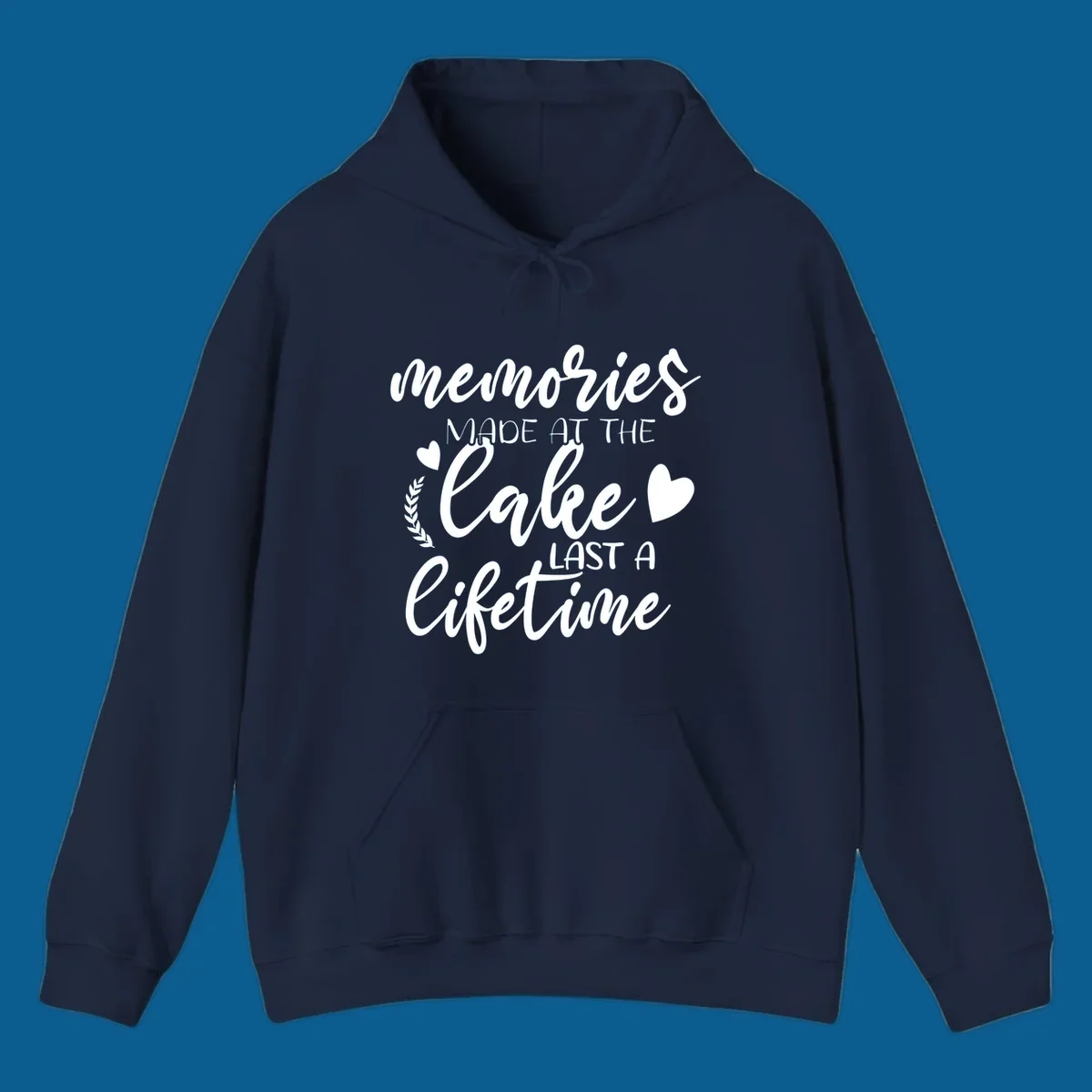 Lake life memories text design with hearts and laurel wreath.