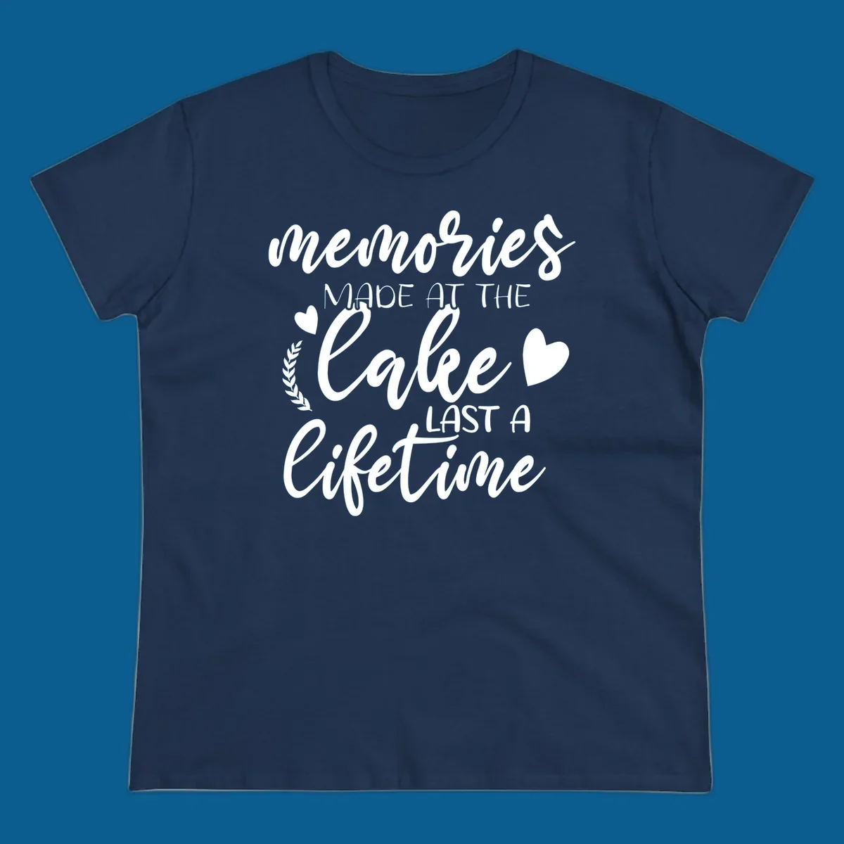 Lake life memories text design with hearts and laurel wreath.