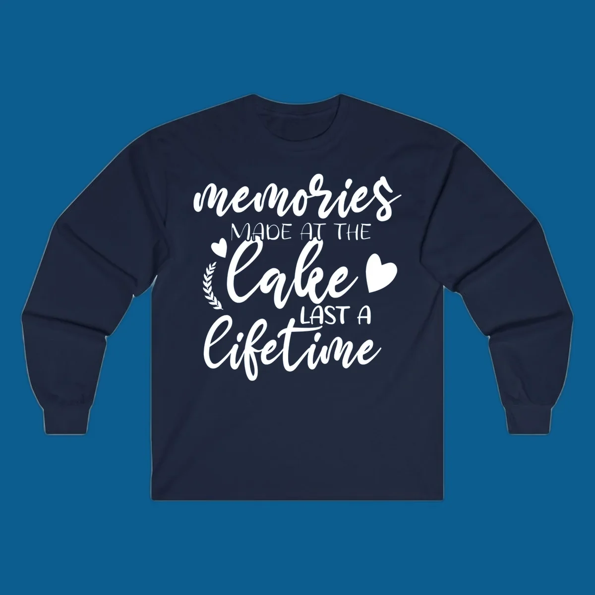 Lake life memories text design with hearts and laurel wreath.