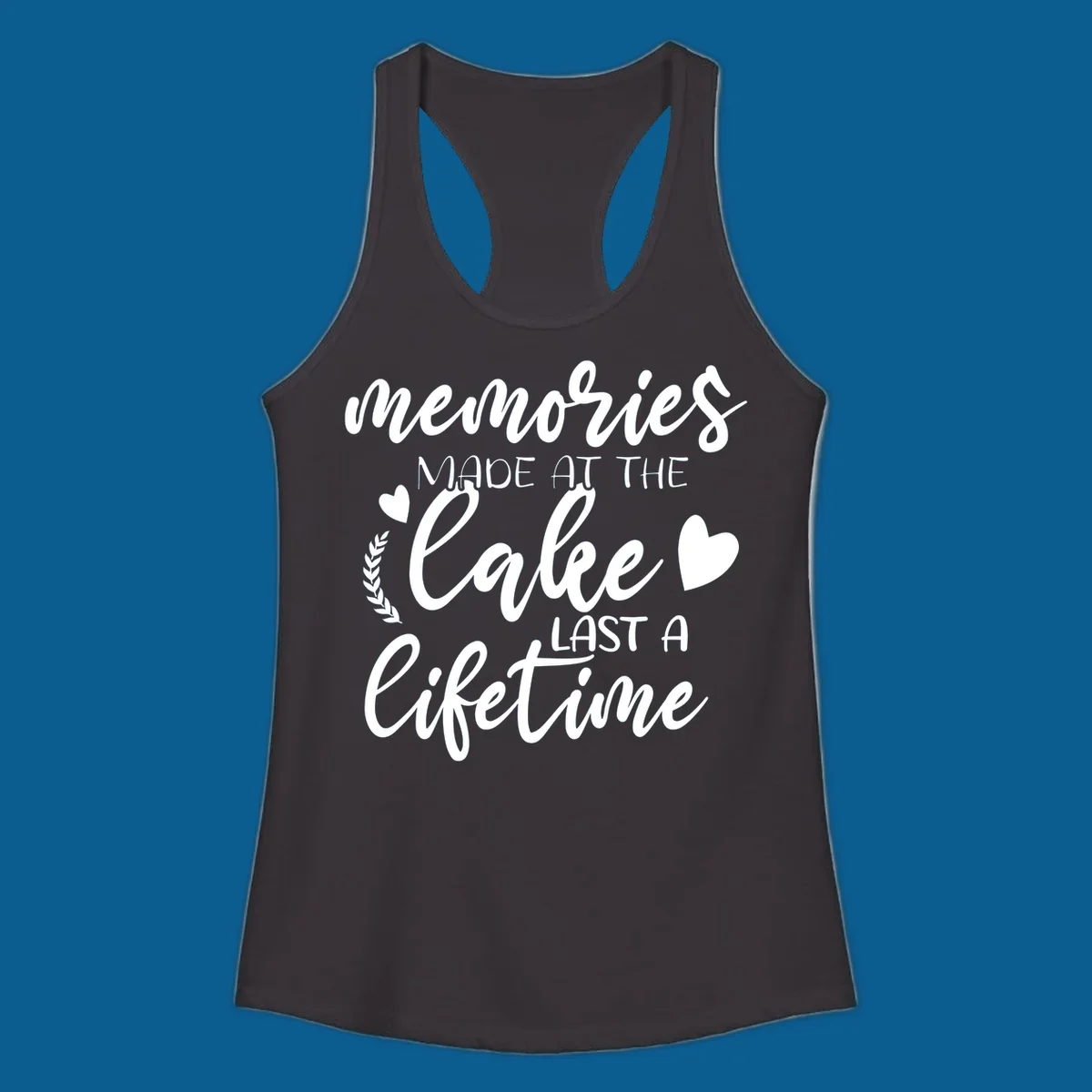 Lake life memories text design with hearts and laurel wreath.
