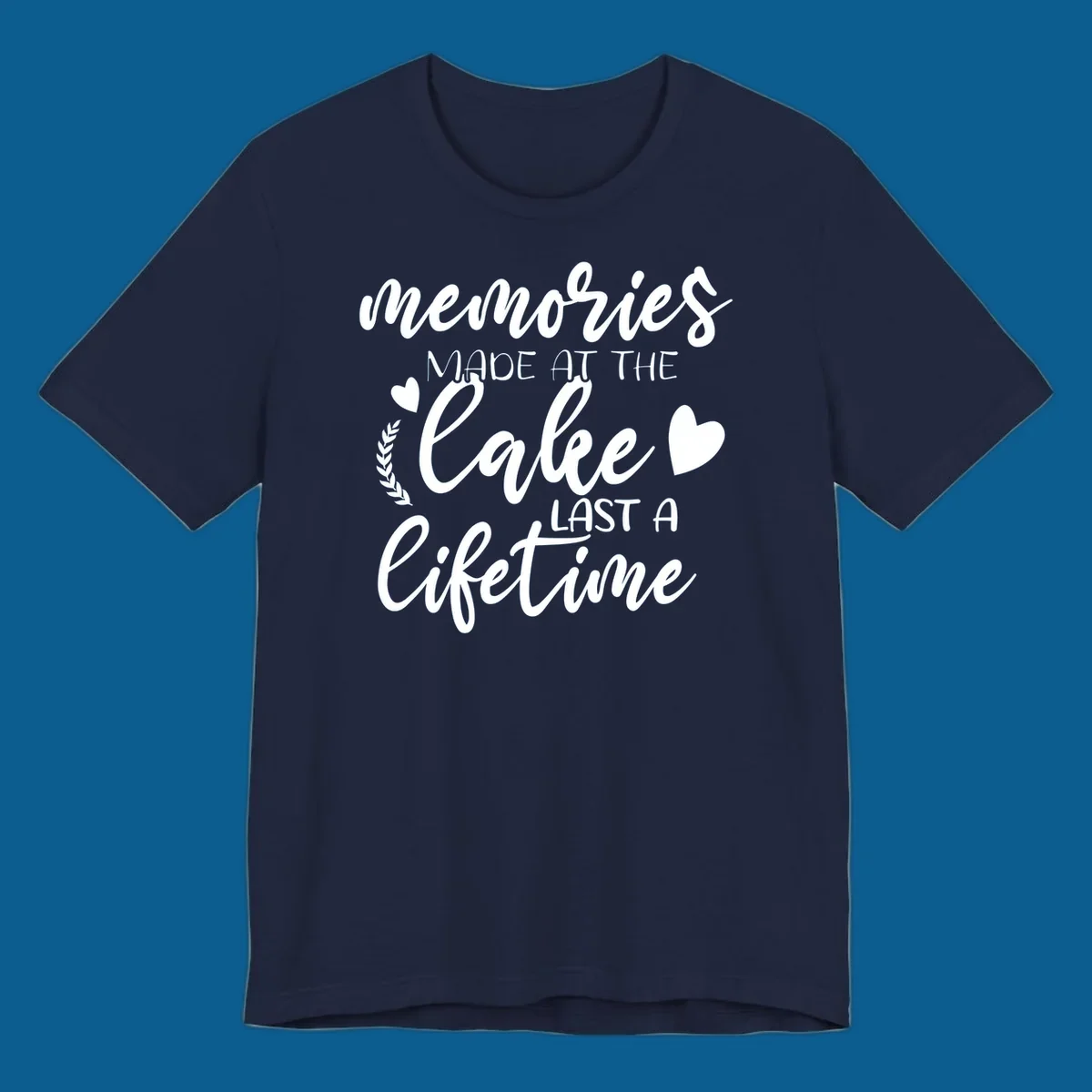 Lake life memories text design with hearts and laurel wreath.