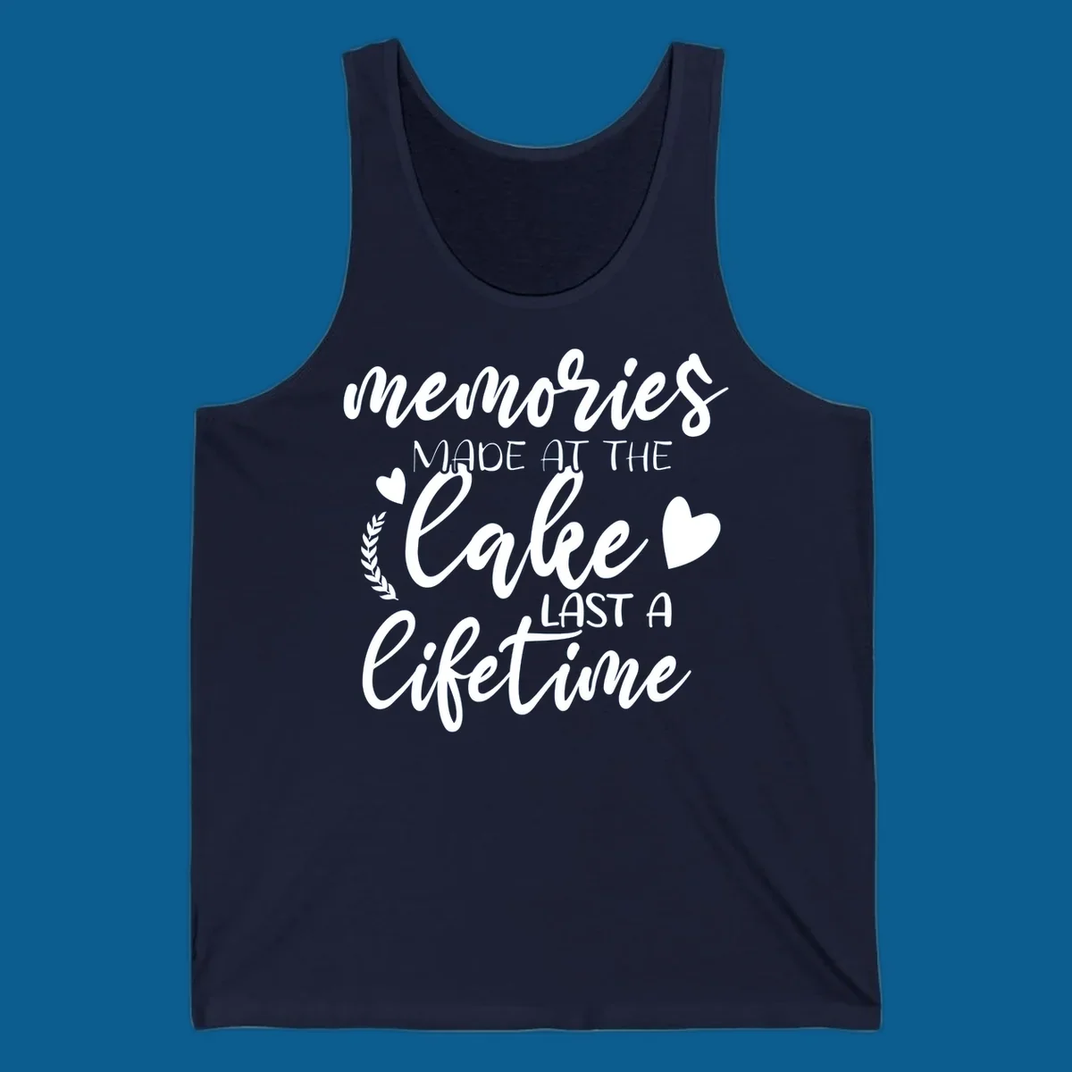 Lake life memories text design with hearts and laurel wreath.