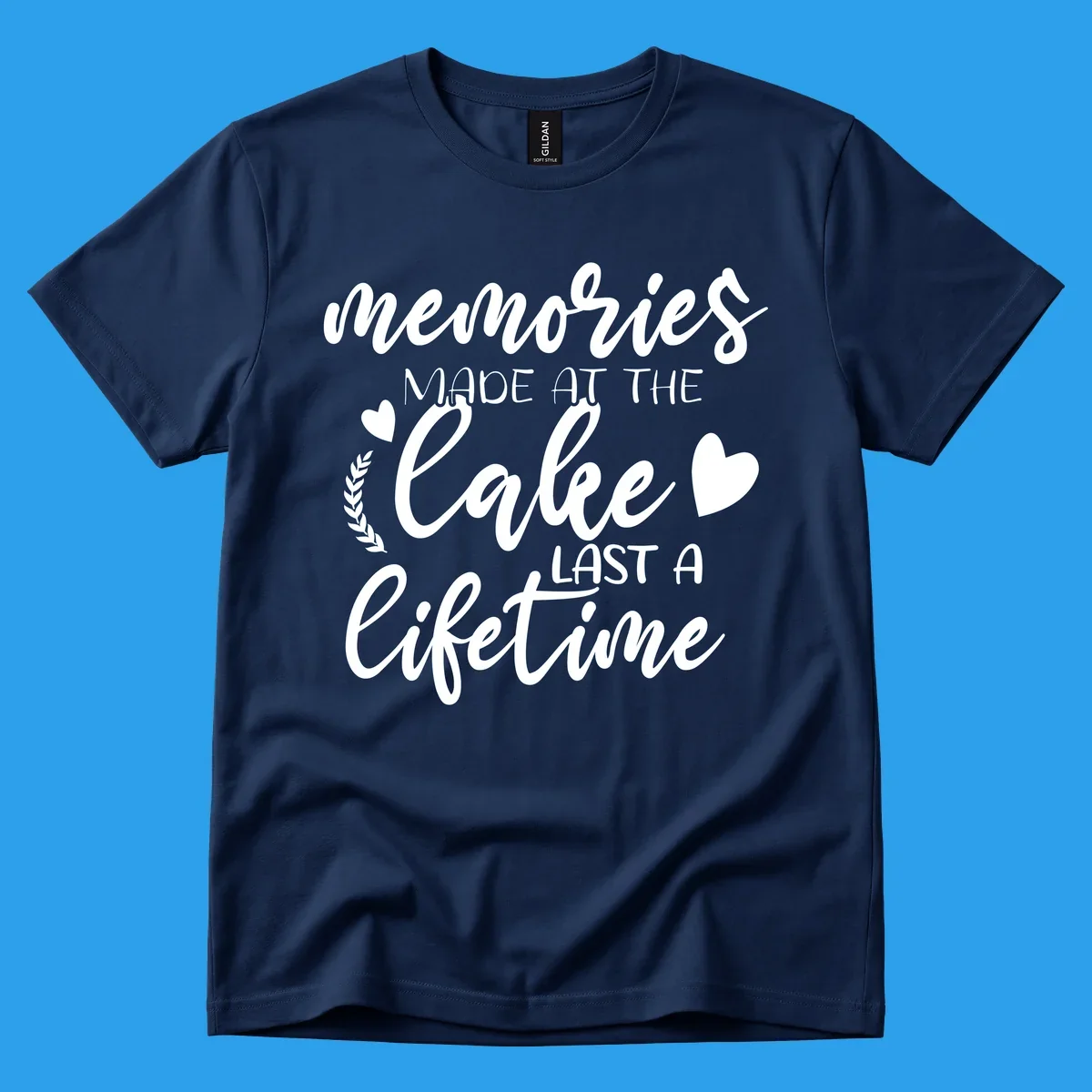 Lake life memories text design with hearts and laurel wreath.