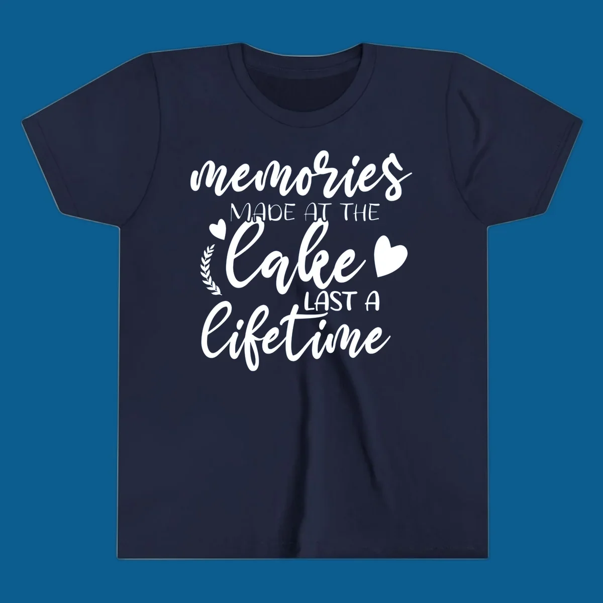 Lake life memories text design with hearts and laurel wreath.