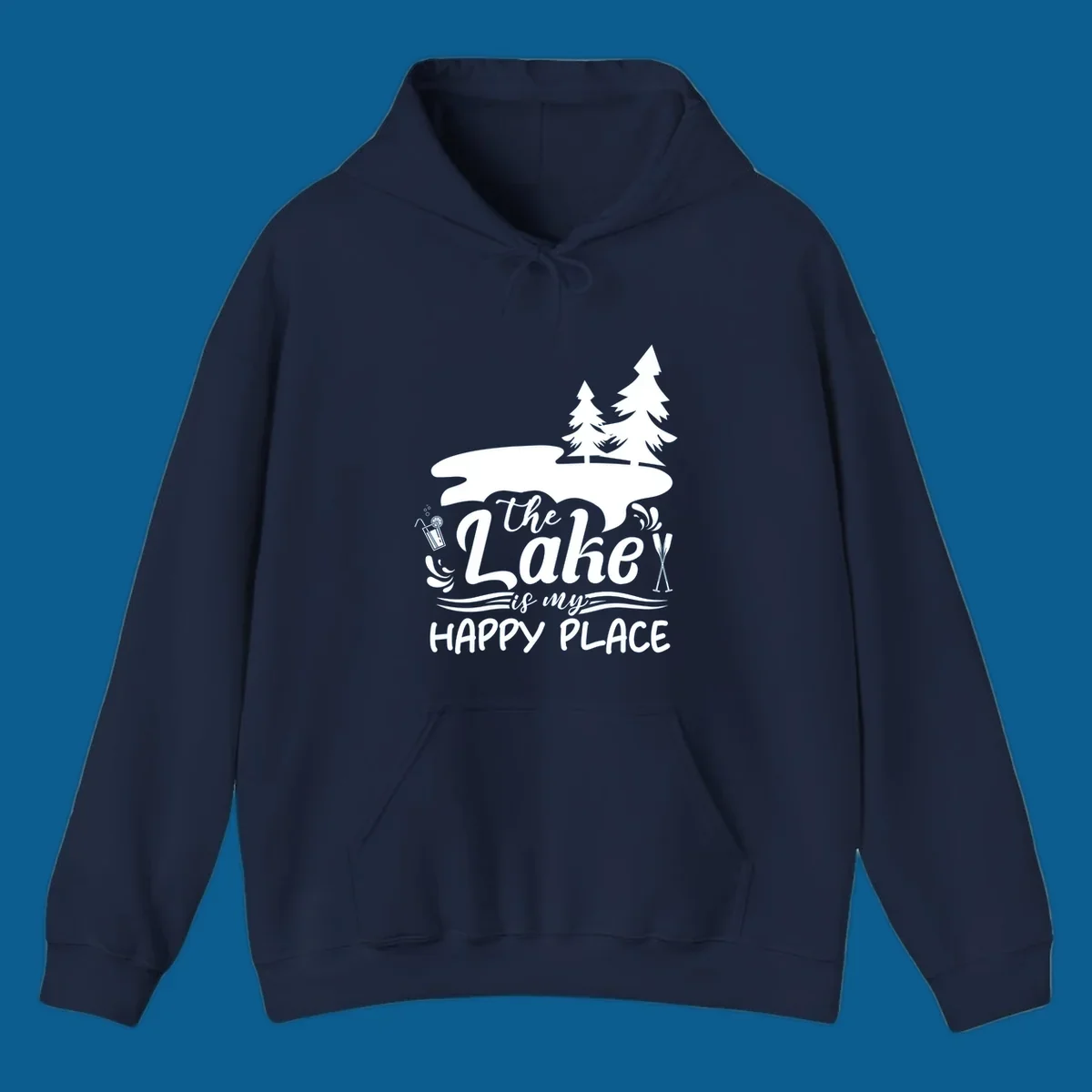 The Lake is My Happy Place text and graphics with lake and trees.