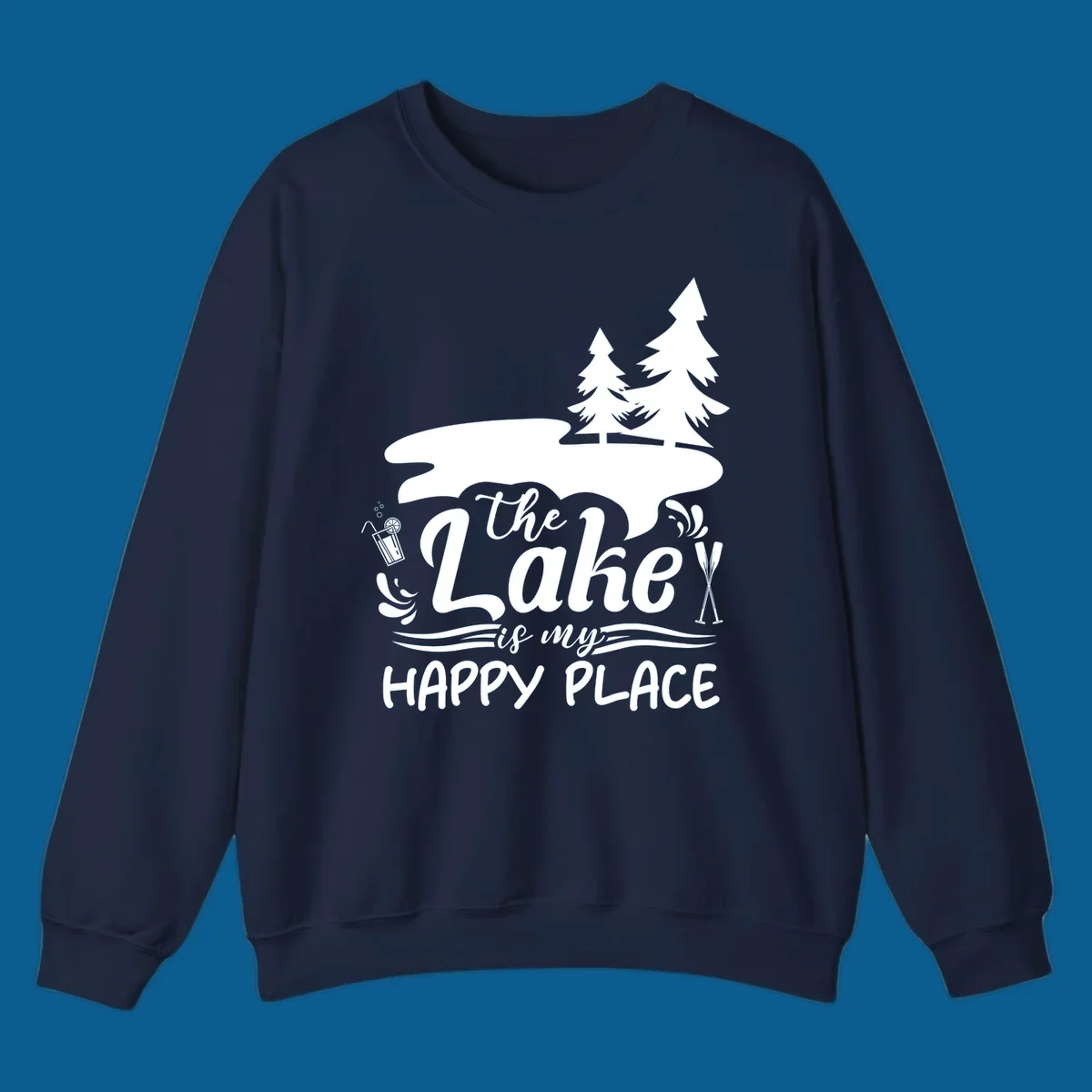 The Lake is My Happy Place text and graphics with lake and trees.