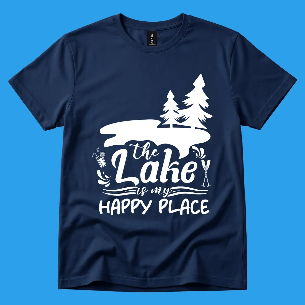 The Lake is My Happy Place text and graphics with lake and trees.