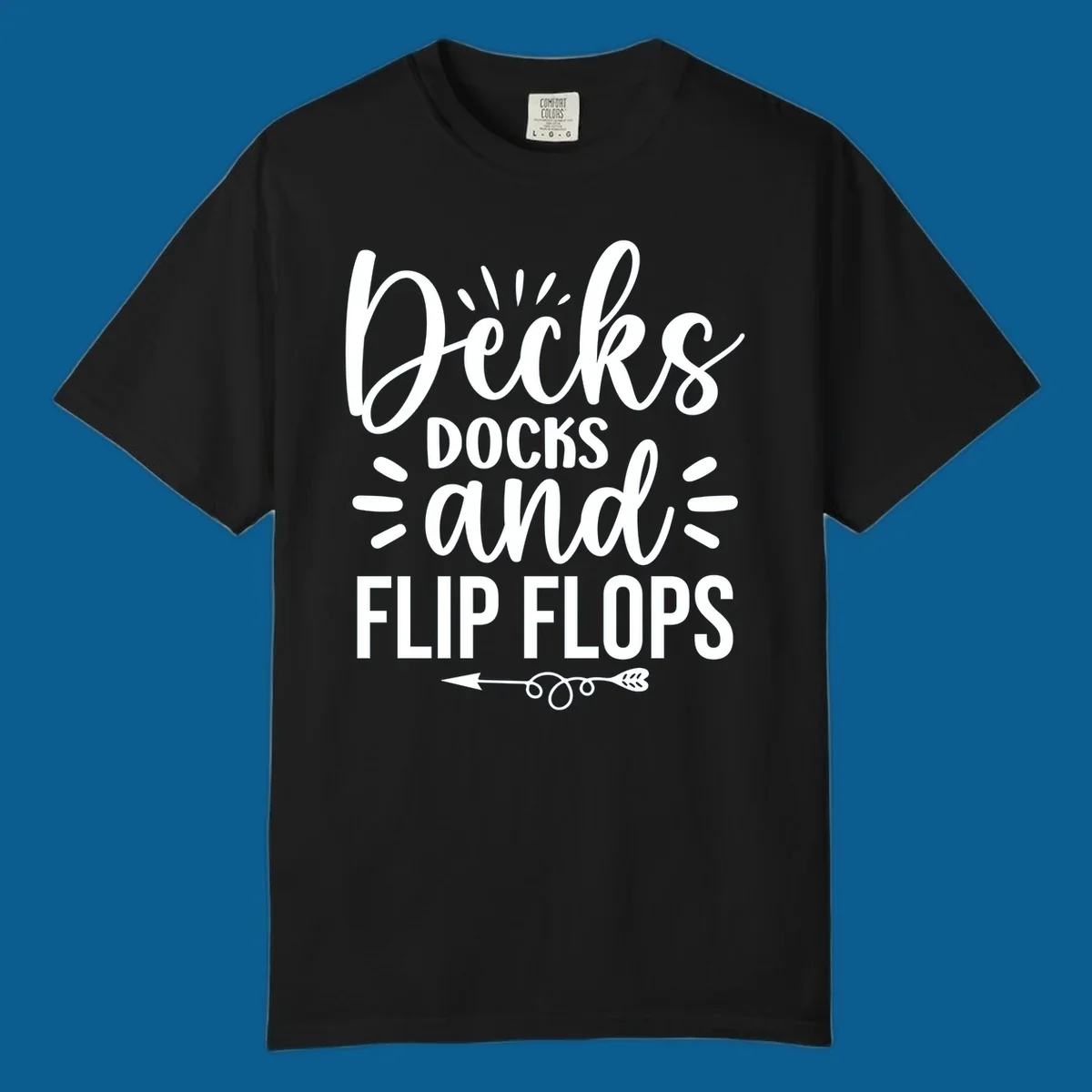 Decks Docks and Flip Flops text design with decorative arrow.